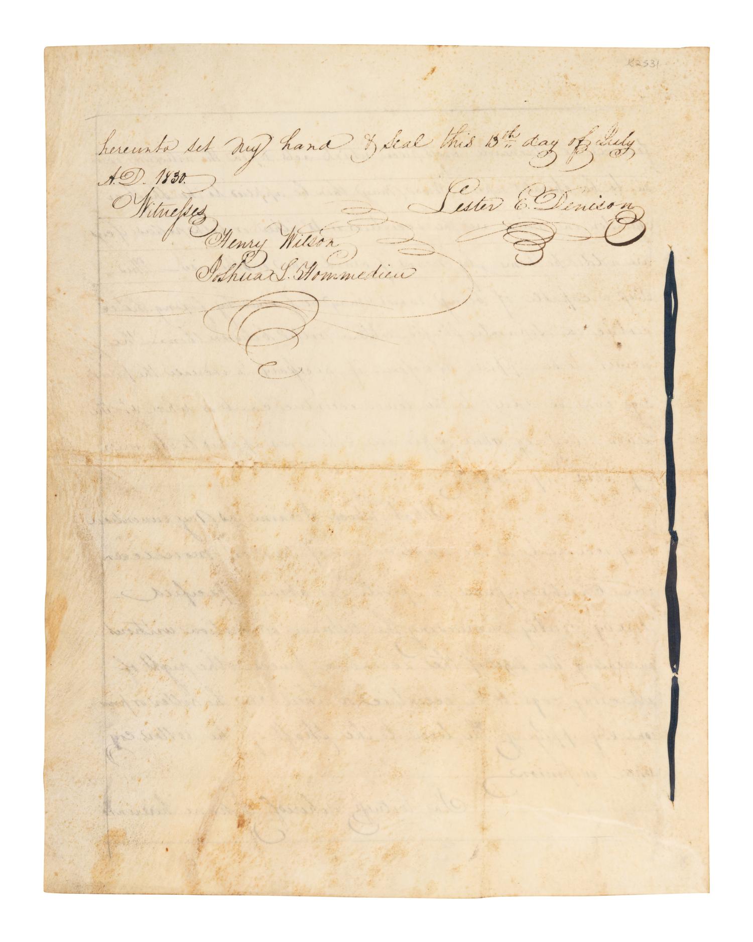 JACKSON, Andrew (1767-1845). Partly printed document signed ("Andrew Jackson"), as President, countersigned by Martin VAN BUREN (1782-1862) as Secretary of State, and J. MacPherson Berrien as Attorney General. 1 October 1830.
