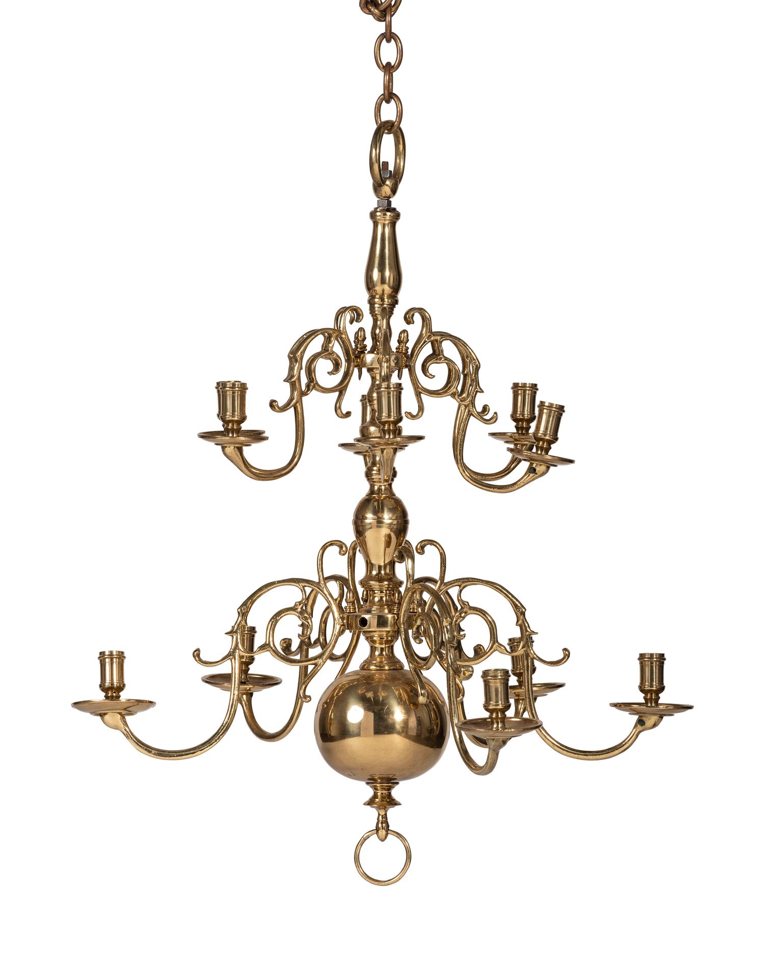 An Early Dutch Twelve-Arm Brass Chandelier
