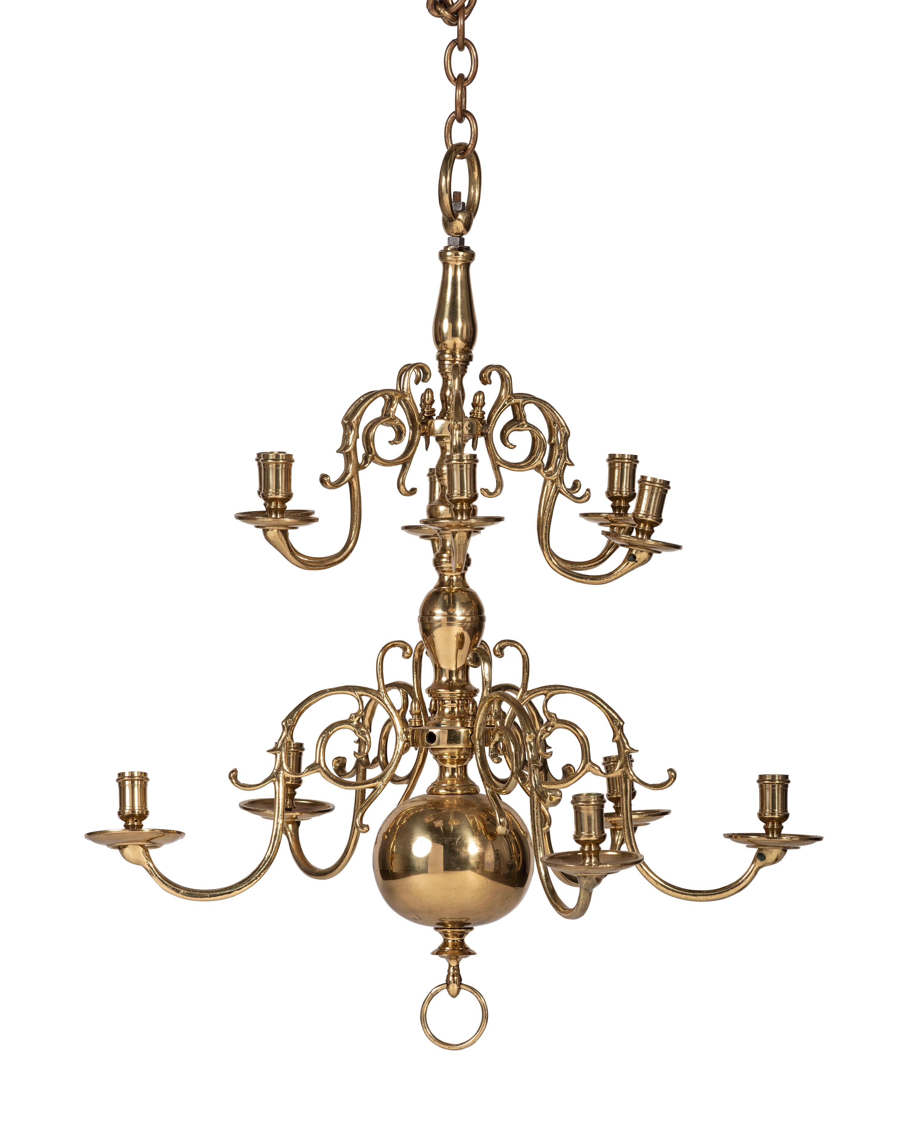 An Early Dutch Twelve-Arm Brass Chandelier