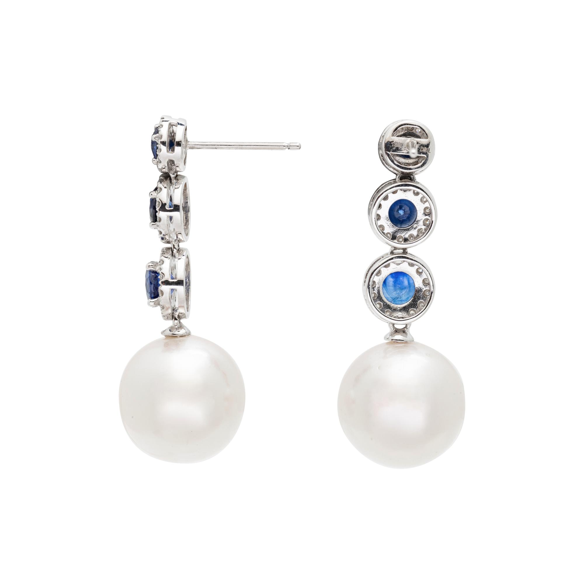 CULTURED SOUTH SEA PEARL, DIAMOND AND SAPPHIRE EARRINGS