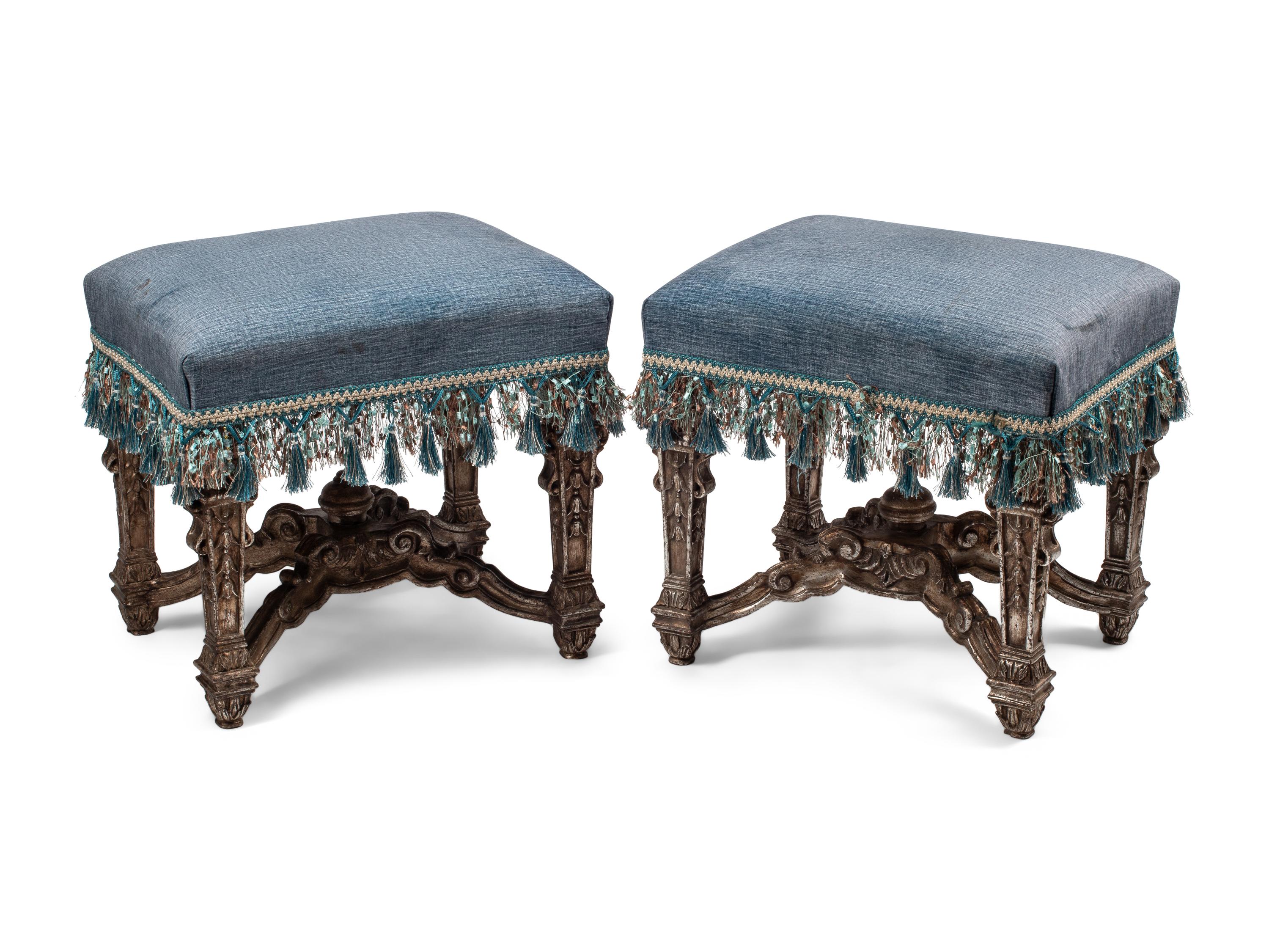 A Pair of Louis XIV Style Silvered Wood Stools