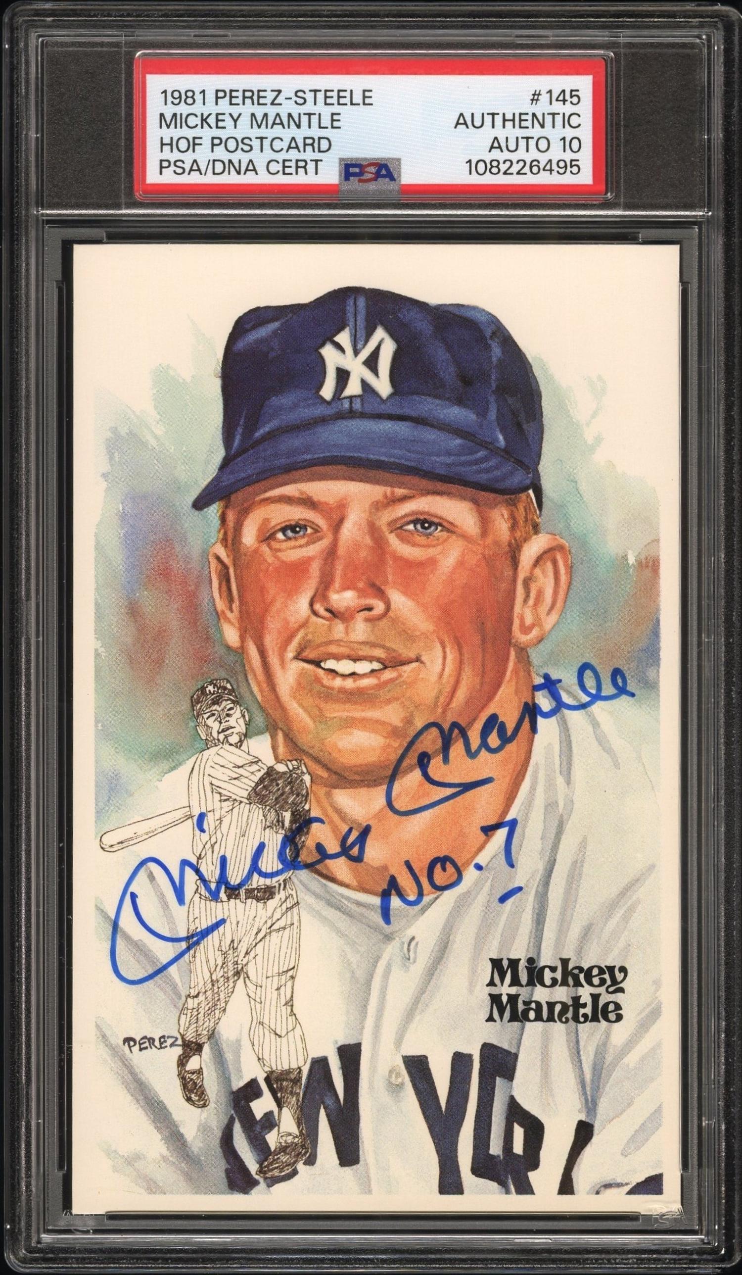 A Mickey Mantle Signed Autograph Perez Steele Hall of Fame Postcard - NO. 7 INSCRIPTION (PSA 10 AUTO)