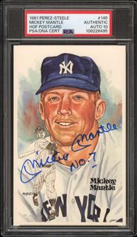A Mickey Mantle Signed Autograph Perez Steele Hall of Fame Postcard - NO. 7 INSCRIPTION (PSA 10 AUTO)