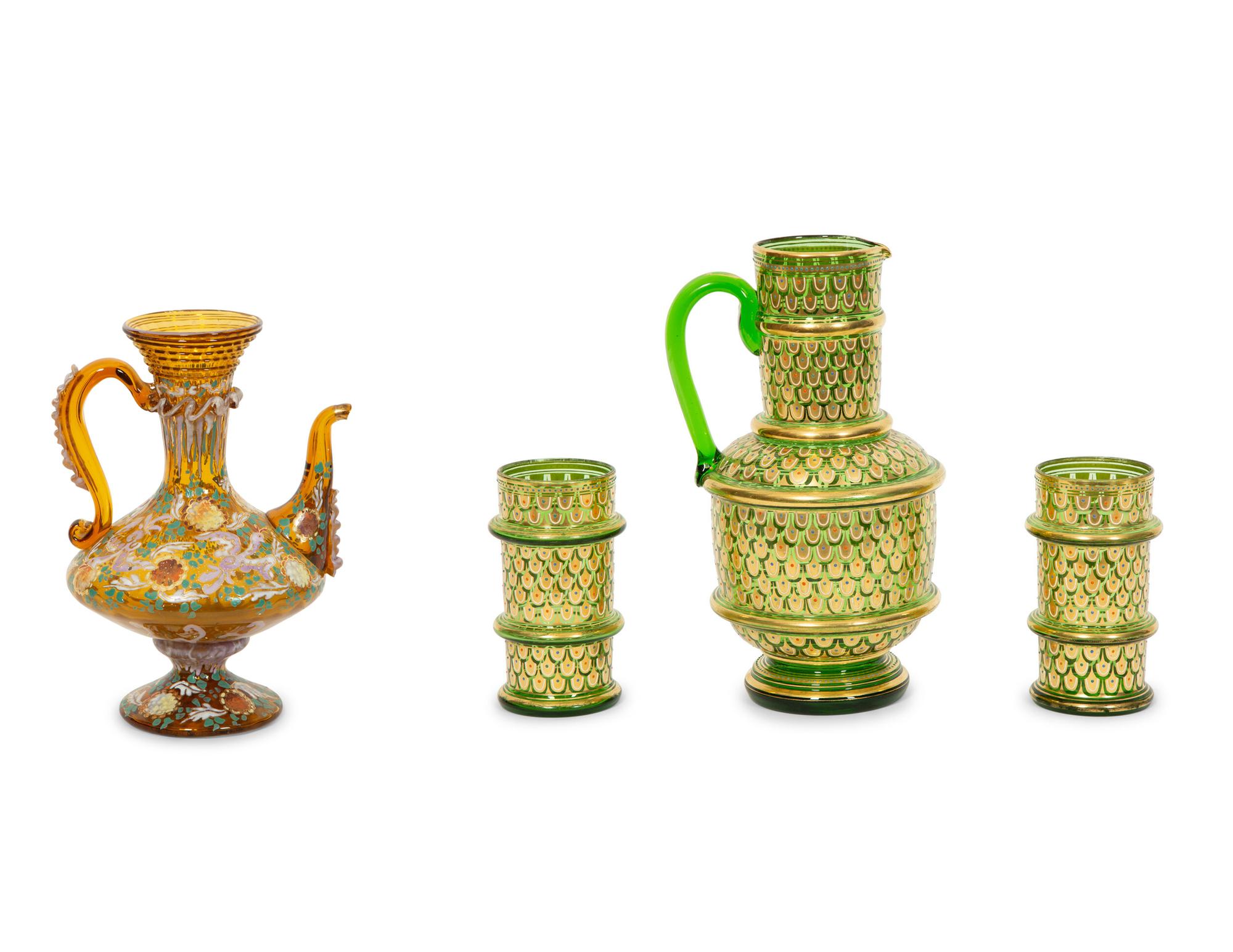 A Bohemian Enameled Glass Cocktail Set and Associated Ewer