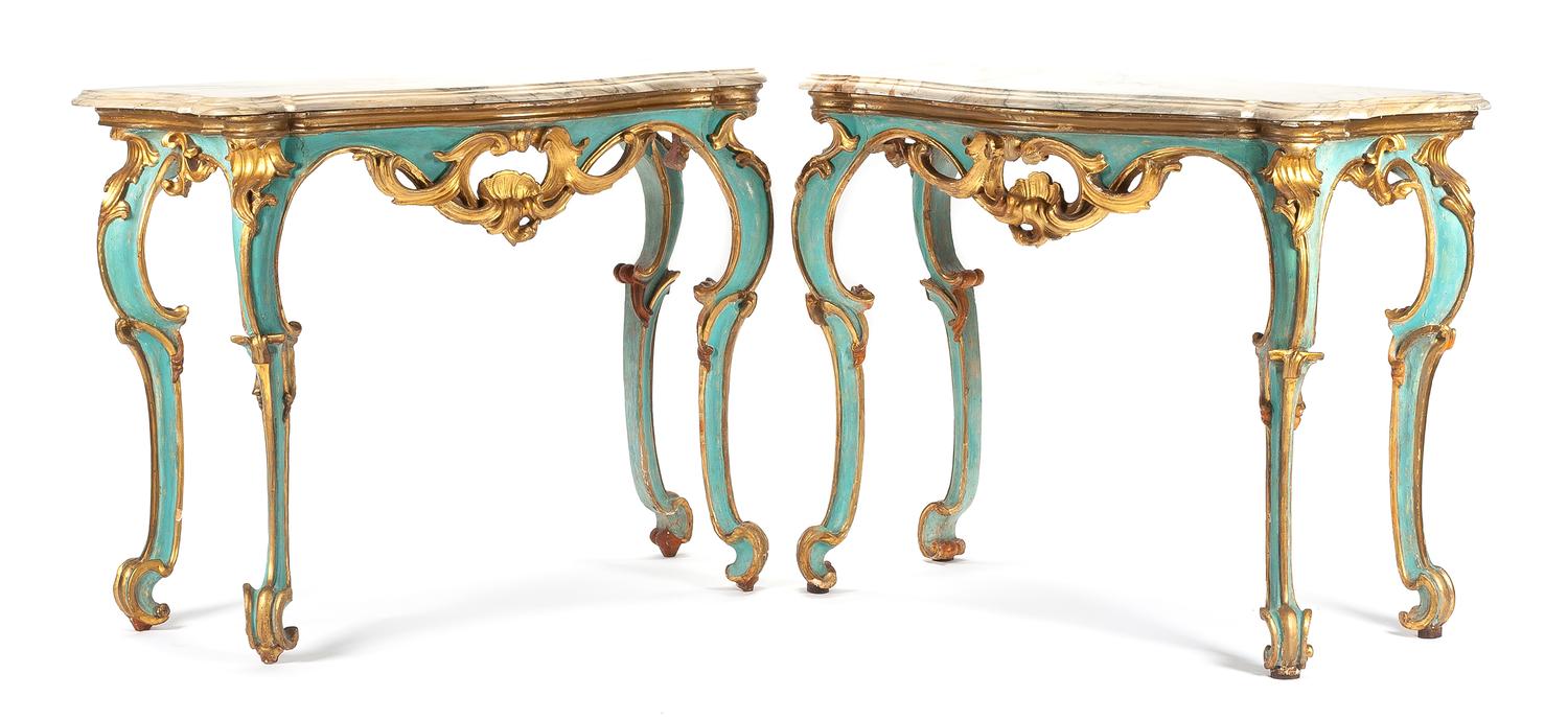 A Pair of Venetian Painted and Parcel Gilt Console Tables Height 34 1/2 x width 45 x depth 21 1/2 inches. — 18TH CENTURY