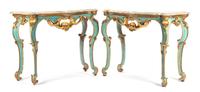 A Pair of Venetian Painted and Parcel Gilt Console Tables Height 34 1/2 x width 45 x depth 21 1/2 inches. — 18TH CENTURY