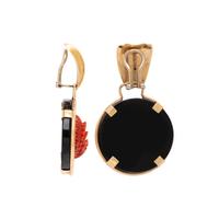 ONYX AND CARVED CORAL EARCLIPS