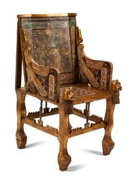 An Egyptian Style Abalone Inlaid Marquetry and Giltwood Armchair
