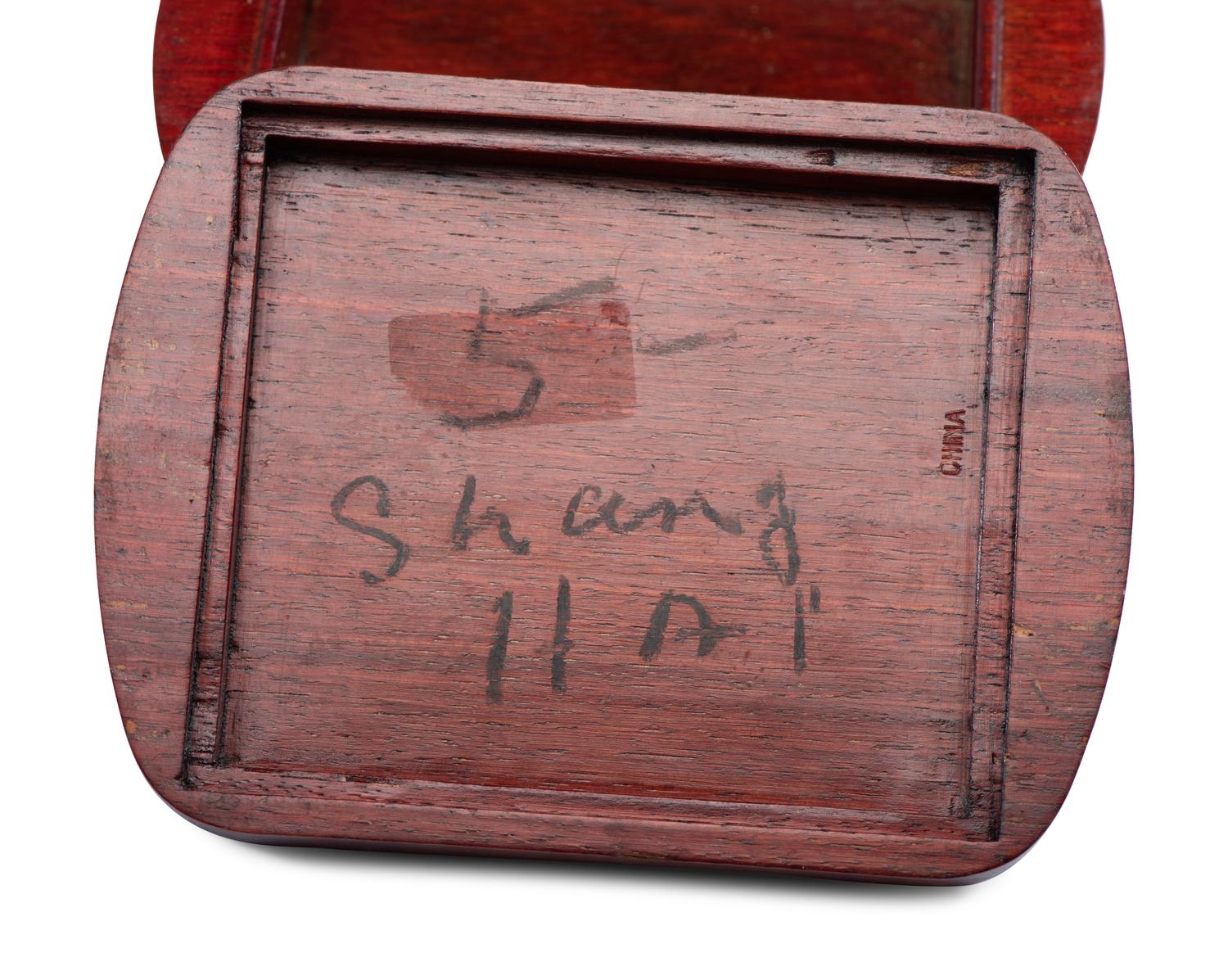 A Diminutive Hanging Display Shelf, a Cinnabar Box and a Wooden Dresser Box