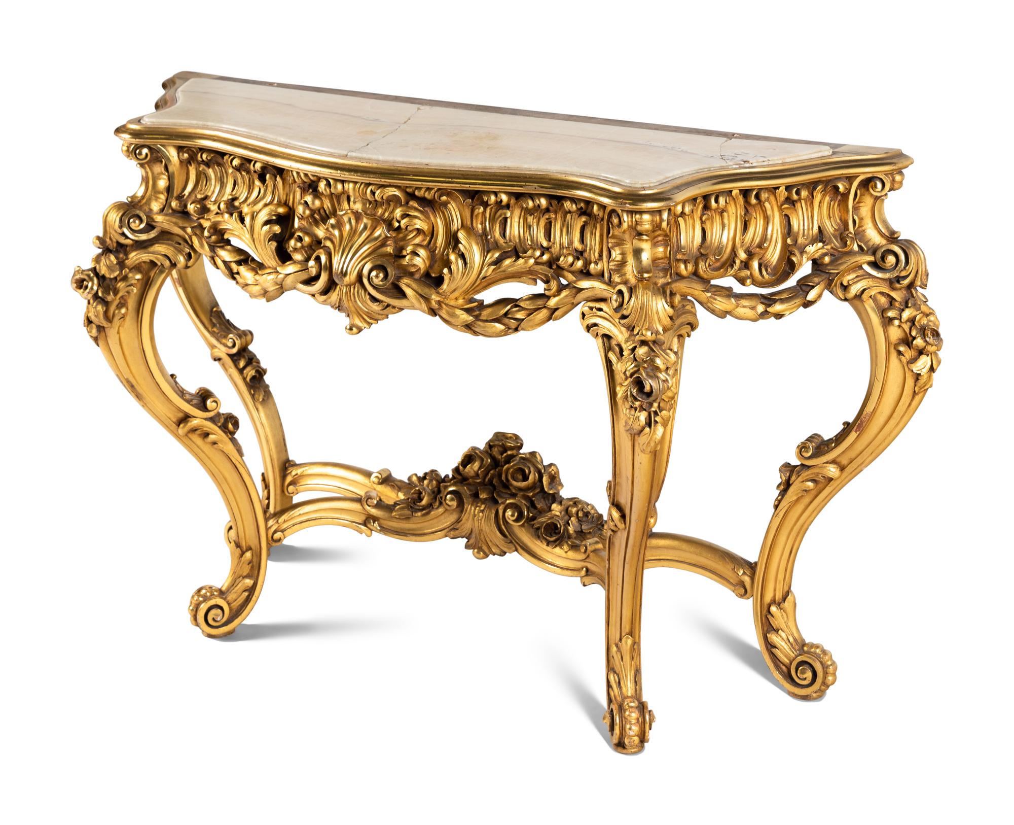 A Rococo Style Giltwood Onyx-Top Pier Table and Mirror