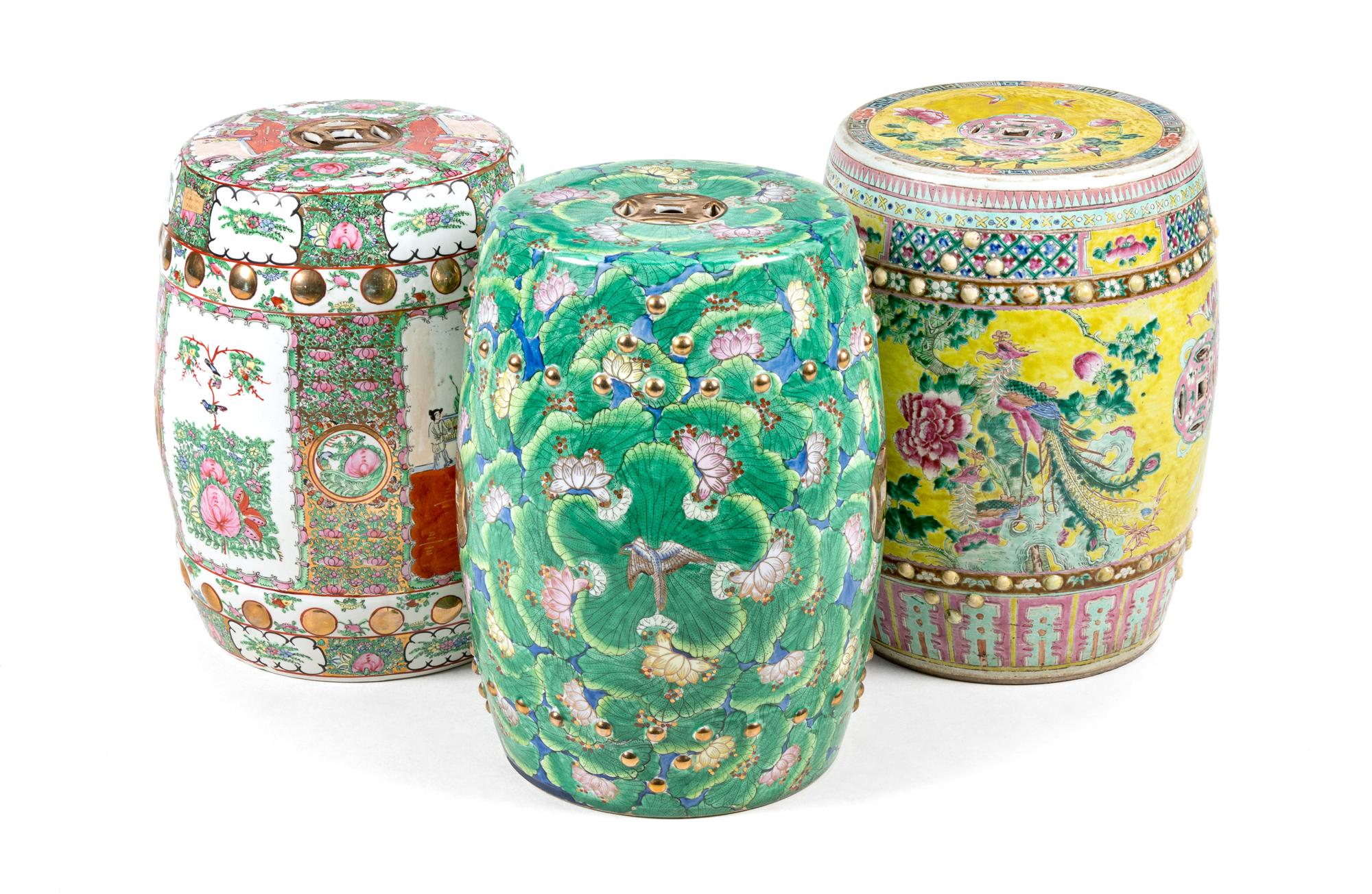 Three Famille Rose Porcelain Garden Stools