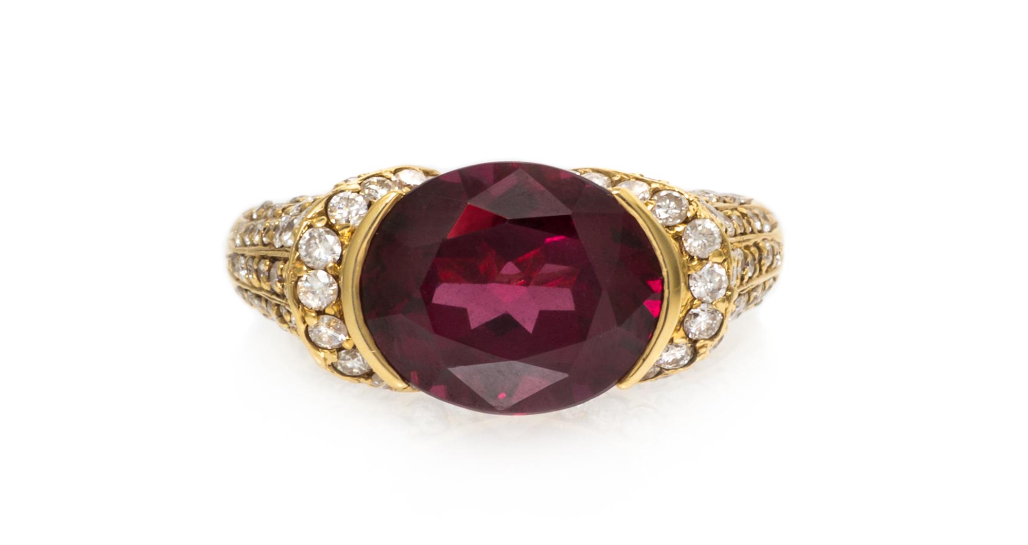 An 18 Karat Yellow Gold, Garnet and Diamond Ring, 5.50 dwts.