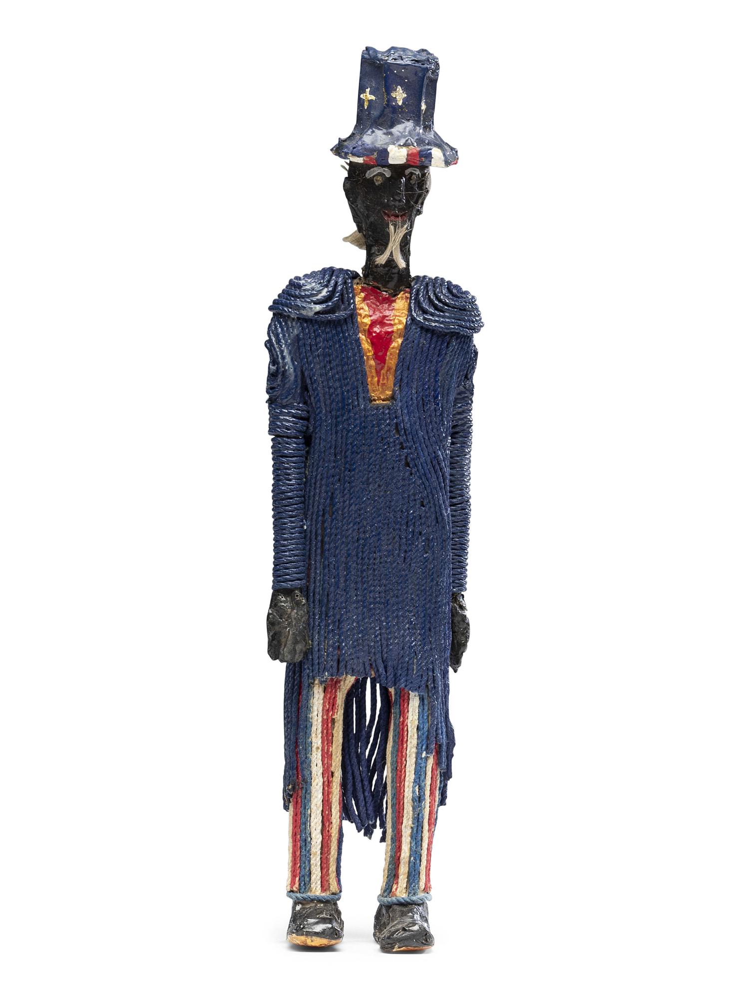 A Folk Art Painted String, Papier Mache and Hair Uncle Sam Figure