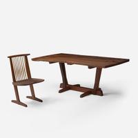 George Nakashima (American, 1905-1990) Fine Single-Board "Conoid" Dining Table and Set of Six Single-Board "Conoid" Dining Chairs, New Hope, Pennsylvania, 1988