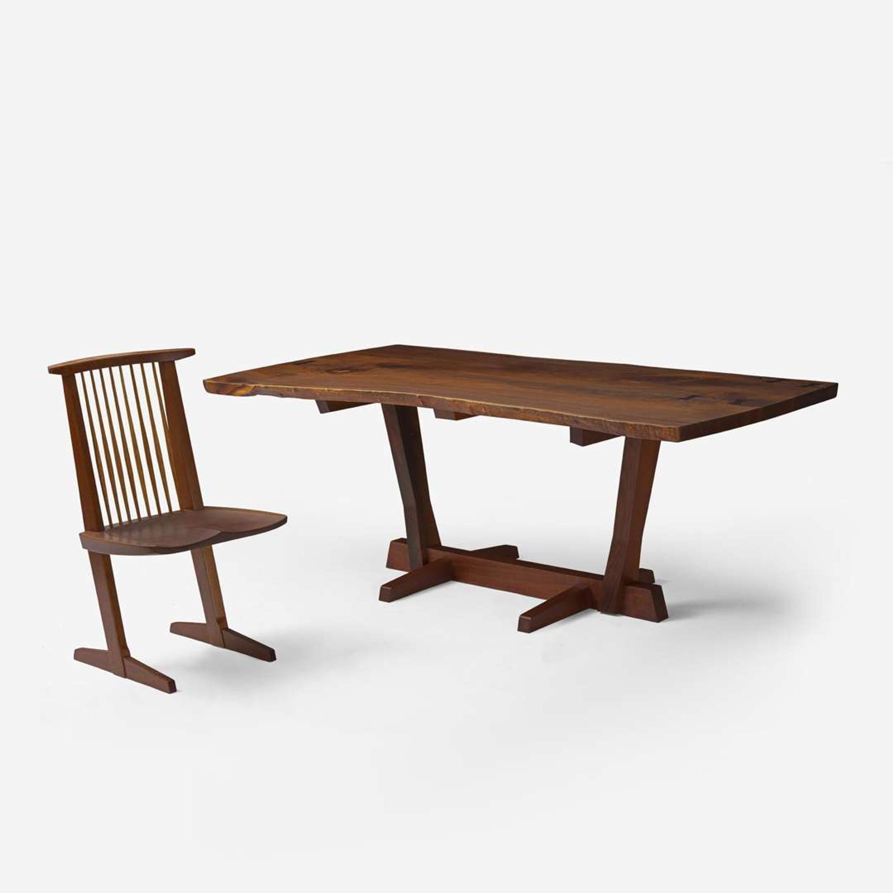 George Nakashima (American, 1905-1990) Fine Single-Board "Conoid" Dining Table and Set of Six Single-Board "Conoid" Dining Chairs, New Hope, Pennsylvania, 1988
