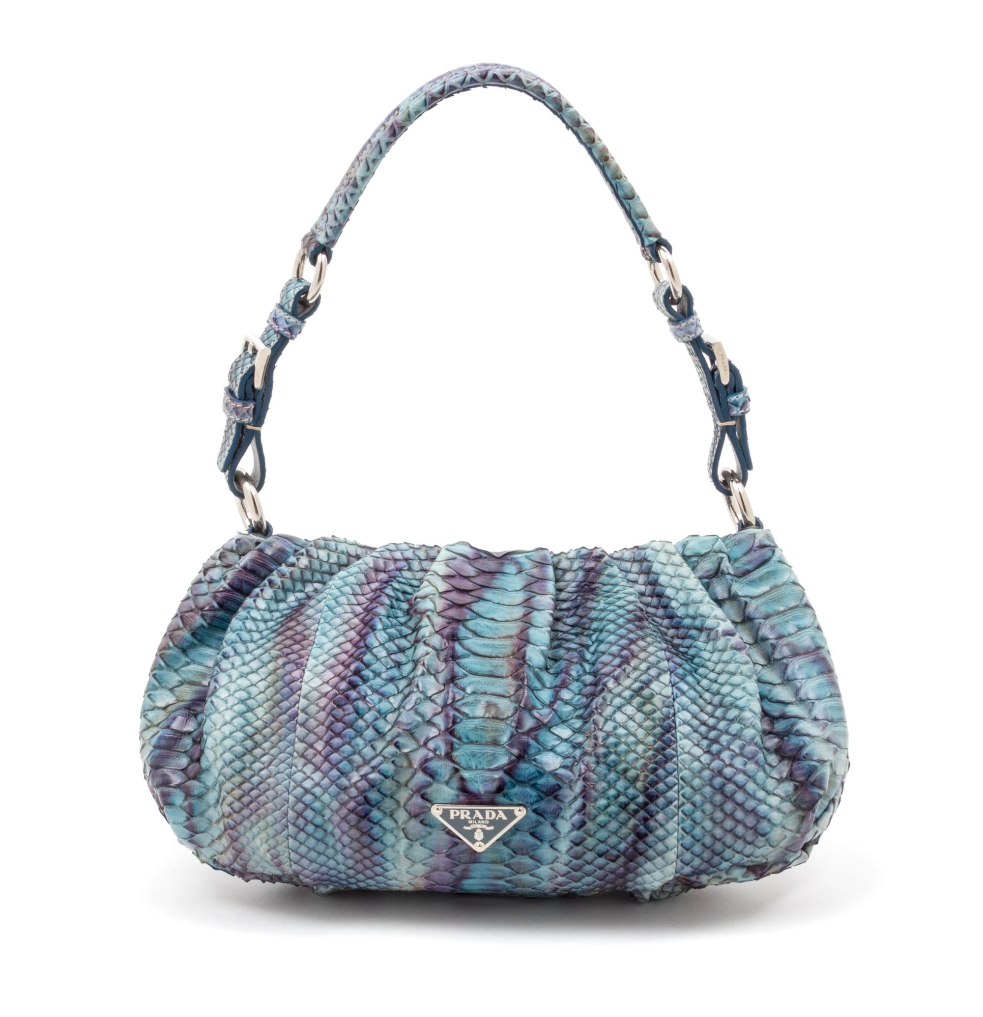 A Prada Aqua and Purple Python Bag, 12.5" x 7" x 1.5".