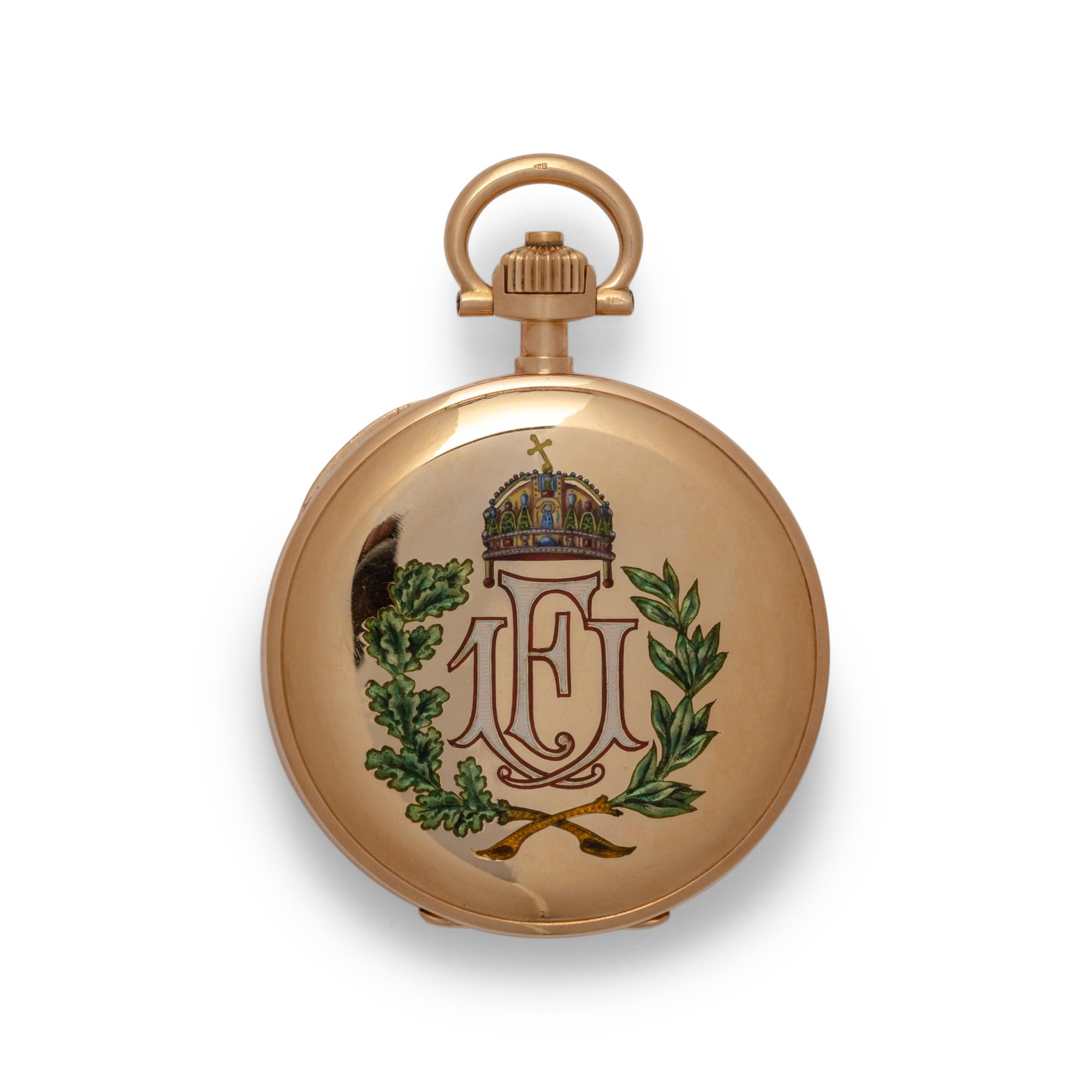 PATEK PHILIPPE & CIE., 18K YELLOW GOLD HUNTING CASED LEVEL WITH ENAMEL IMPERIAL ARMS OF EMPEROR FRANZ JOSEPH OF AUSTRIA POCKET WATCH