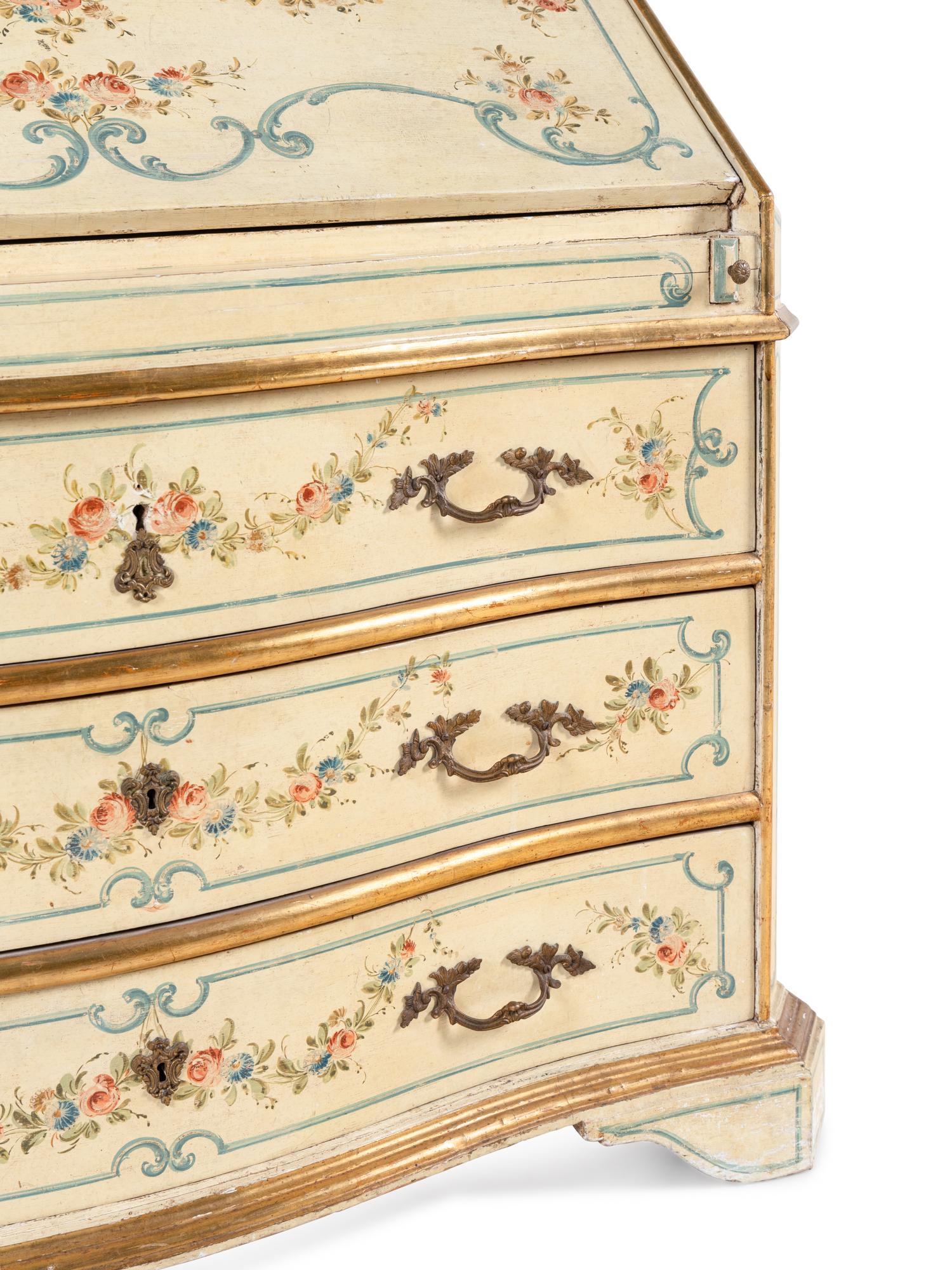 A Venetian Style Painted and Parcel-Gilt Slant-Front Bureau and Matching Hanging Vitrine