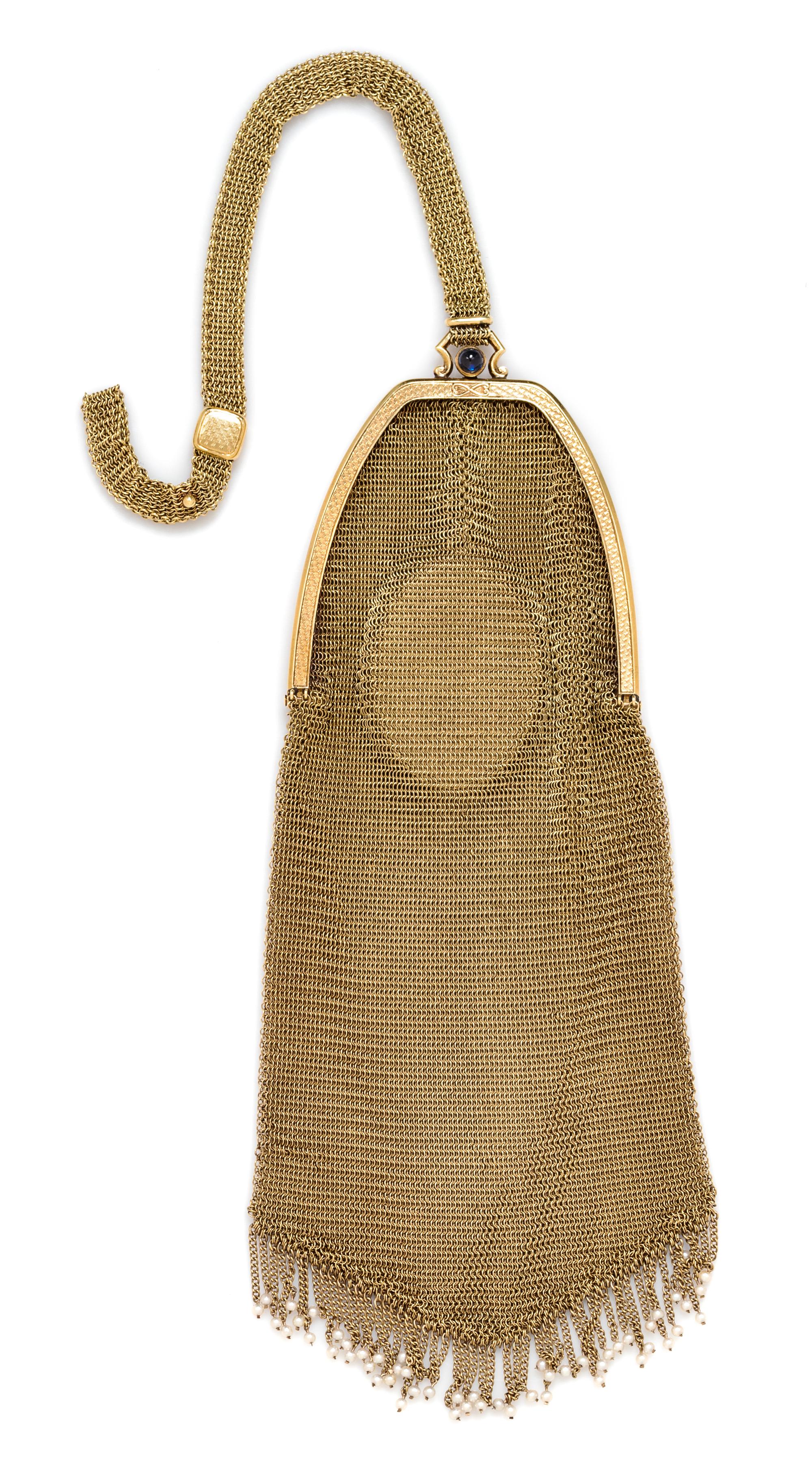 An Edwardian 14 Karat Yellow Gold, Sapphire and Seed Pearl Mesh Purse, 65.90 dwts.