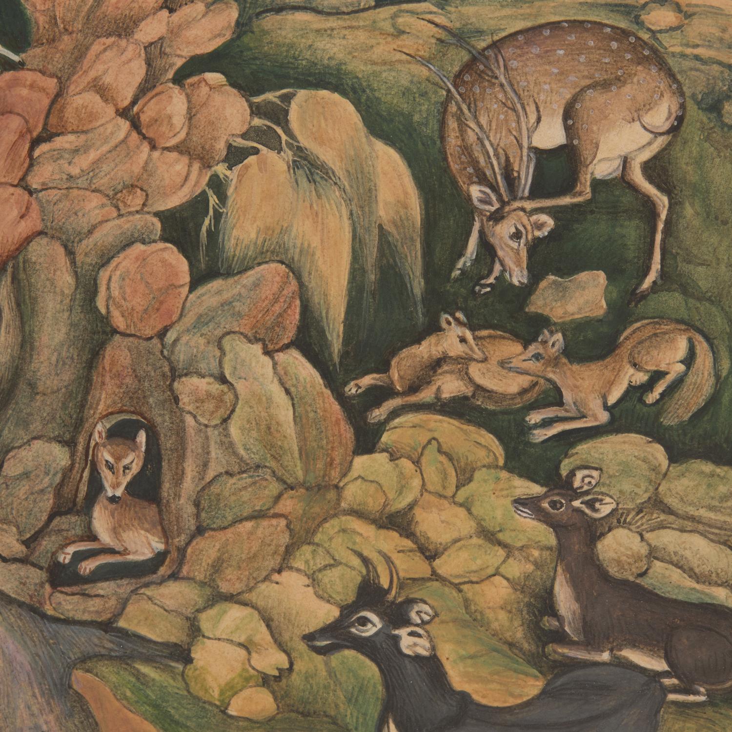 A Fine Painting After the Mogul Folio: King Bahram Gur Sees a Herd of Deer Mesmerized by Dilaram’s Music, North India, 20th Century