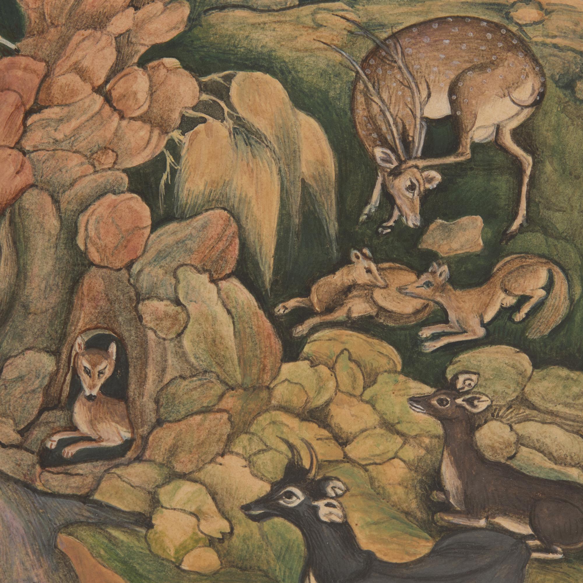 A Fine Painting After the Mogul Folio: King Bahram Gur Sees a Herd of Deer Mesmerized by Dilaram’s Music, North India, 20th Century