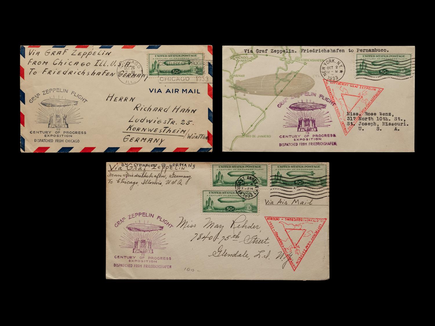 [FLIGHT COVERS] A Group of Three Graf Zeppelin Century of Progress United States Dispatched Flight Covers (AAMC #Z-216).