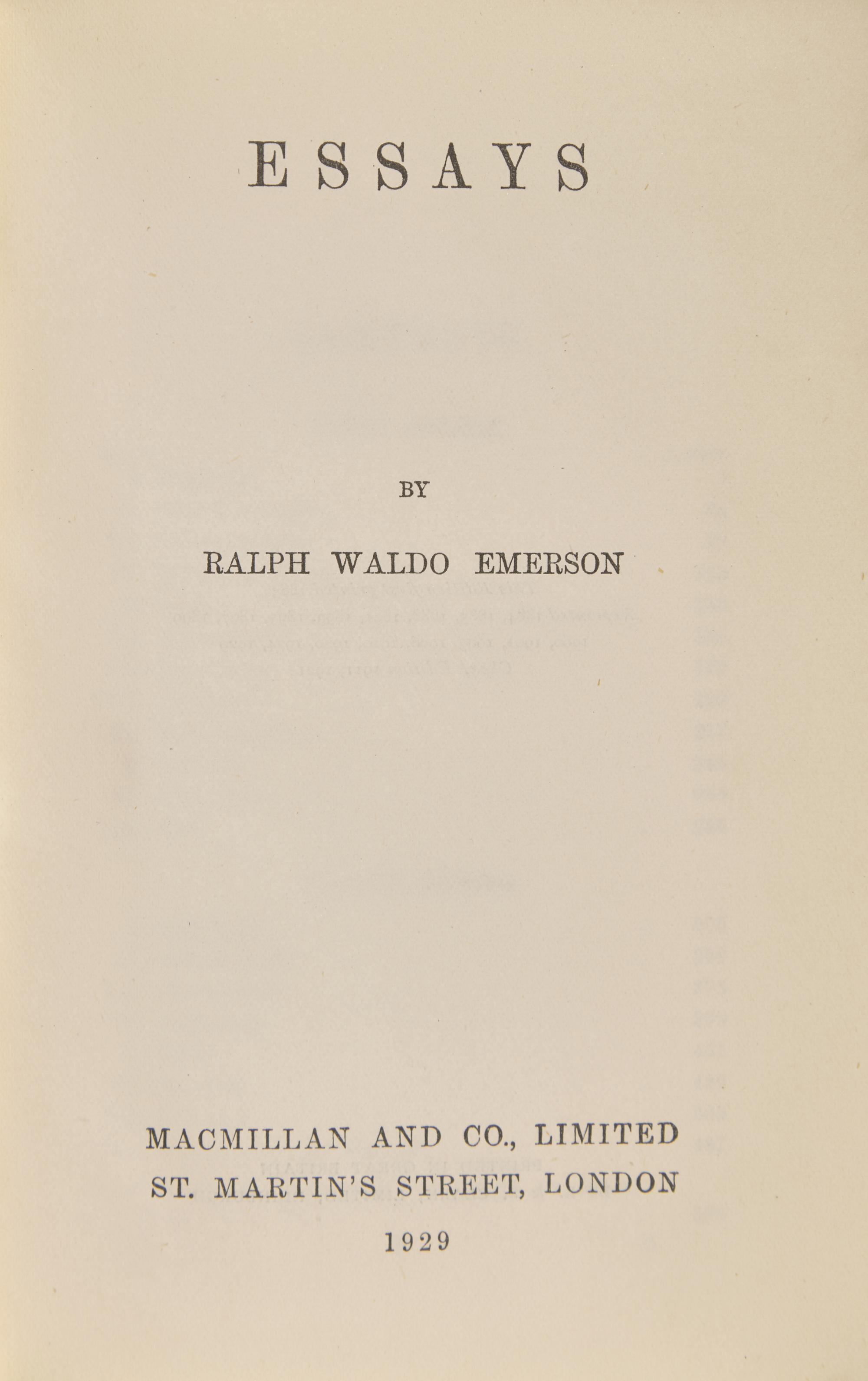 EMERSON, Ralph Waldo (1803-1882). Essays . London: Macmillan and Co., Limited, 1929.