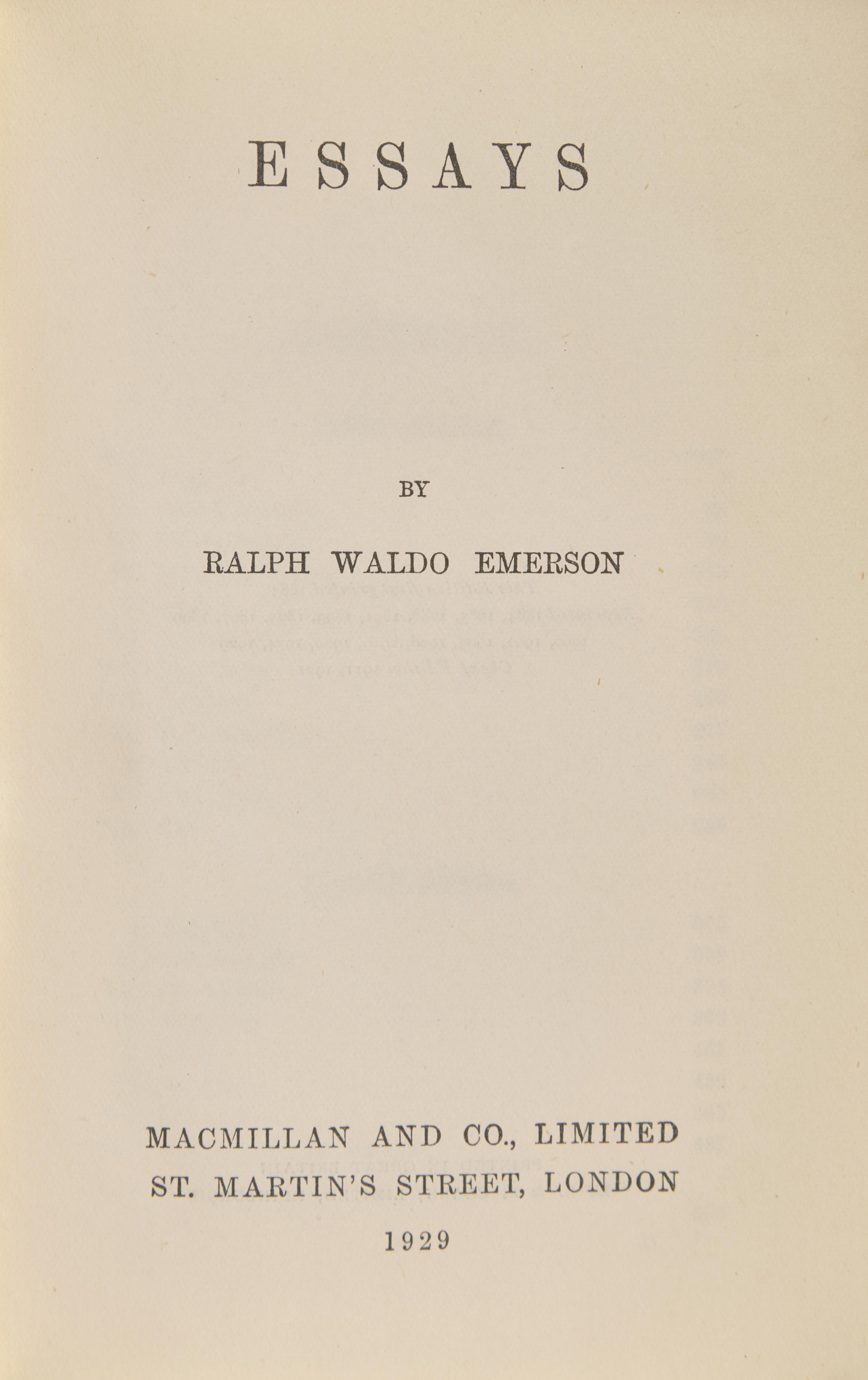 EMERSON, Ralph Waldo (1803-1882). Essays . London: Macmillan and Co., Limited, 1929.