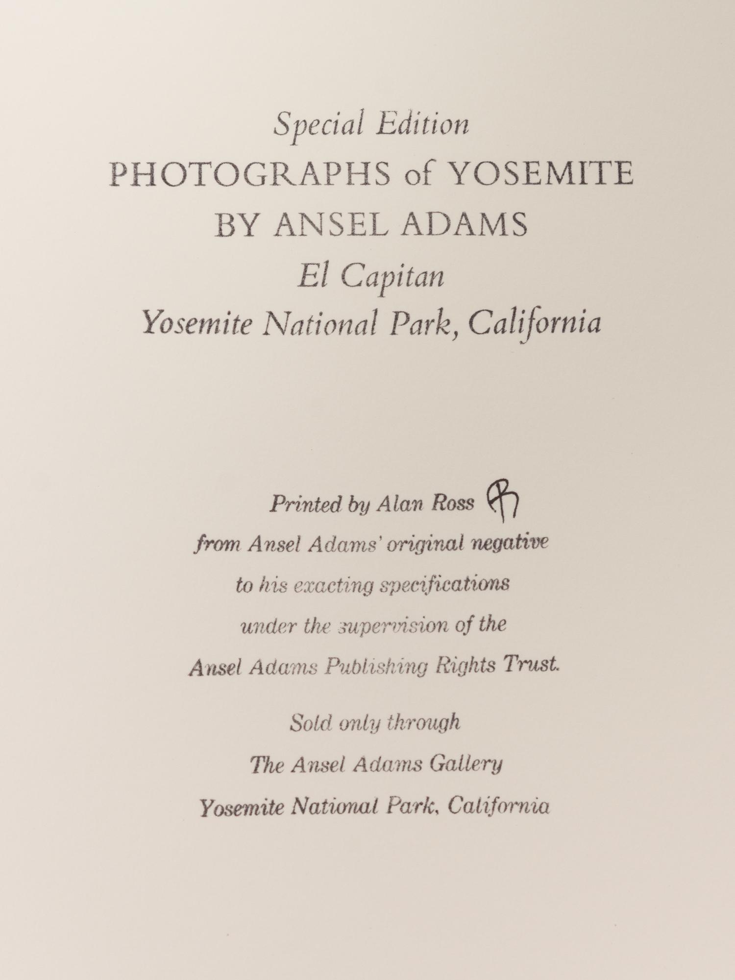 A pair of Special Edition photographs printed by Alan Ross ( Moon and Half Dome, Yosemite National Park, California , 1960; El Capitan, Yosemite , 1952)