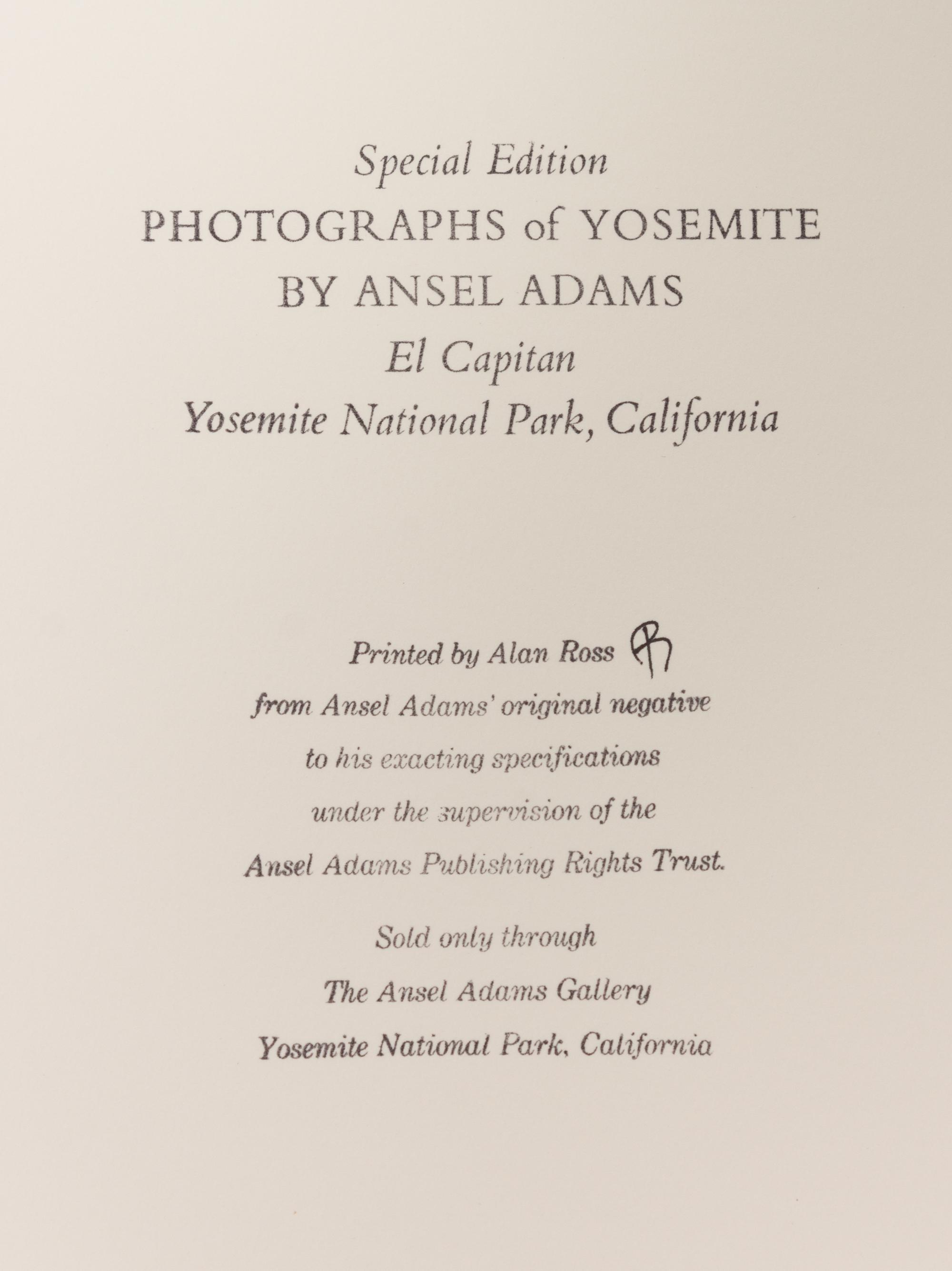 A pair of Special Edition photographs printed by Alan Ross ( Moon and Half Dome, Yosemite National Park, California , 1960; El Capitan, Yosemite , 1952)
