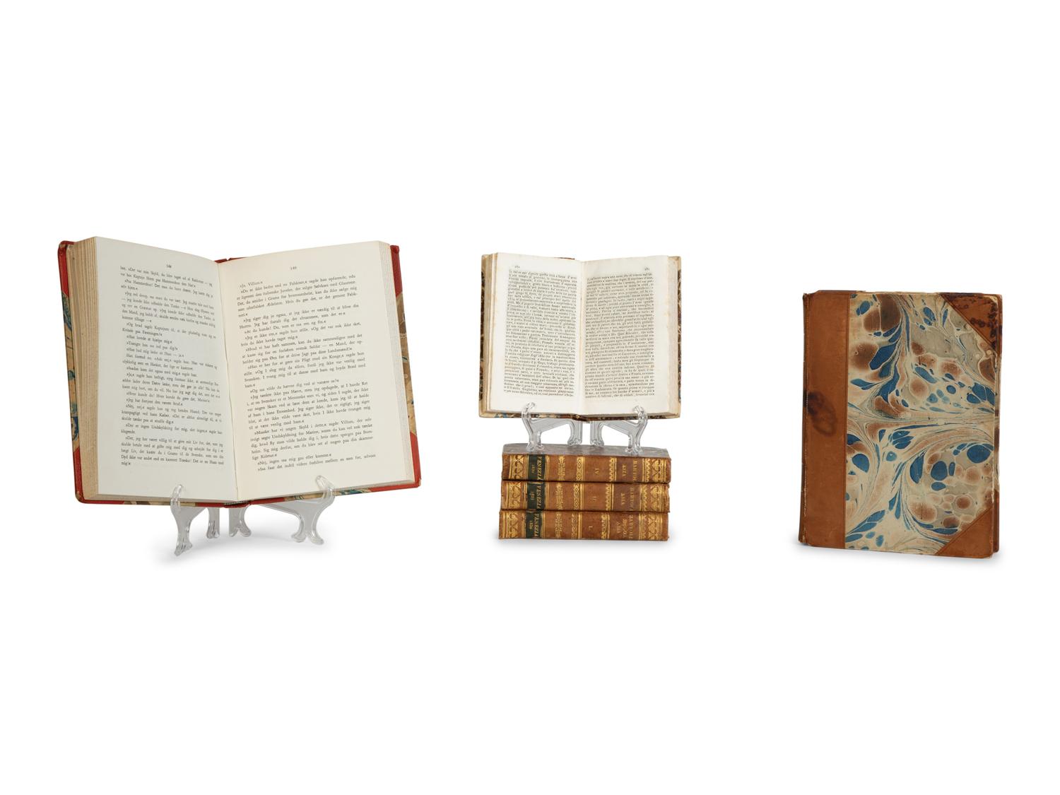 Six Gilt-Tooled Leather Books with Marbled Boards