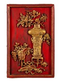 A Set of Four Chinese Gilt and Red Lacquered Wood 'Four Seasons' Panels