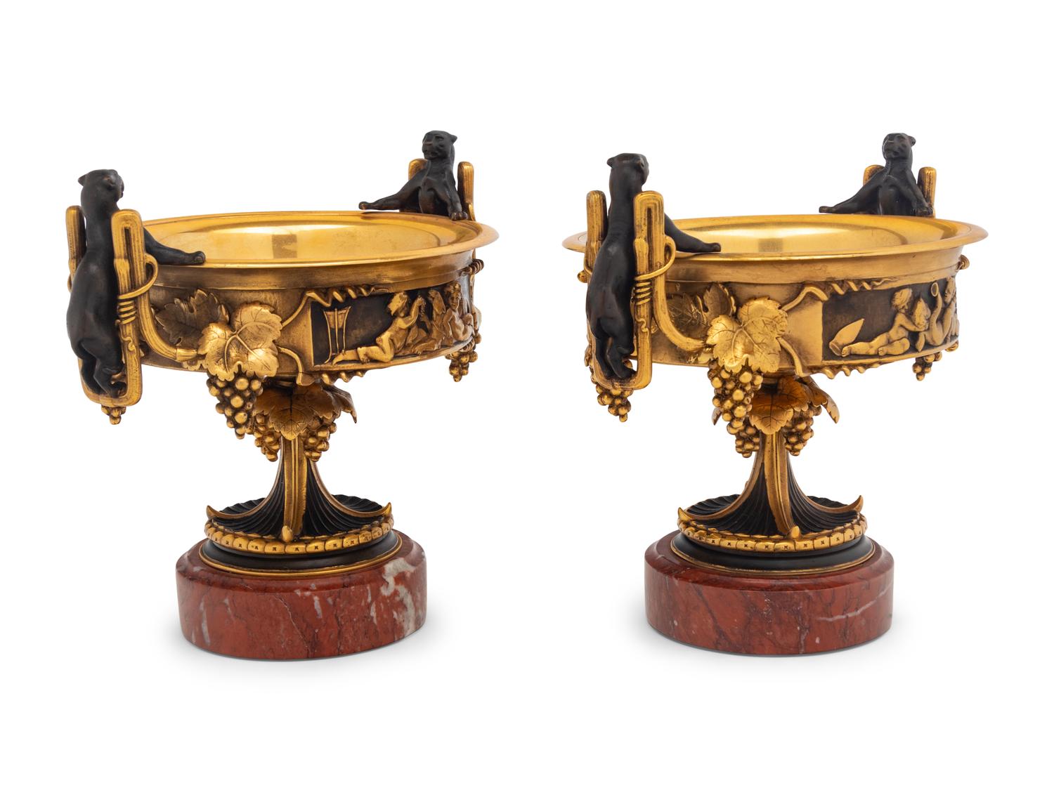 A Pair of Continental Gilt and Patinated Bronze Tazze