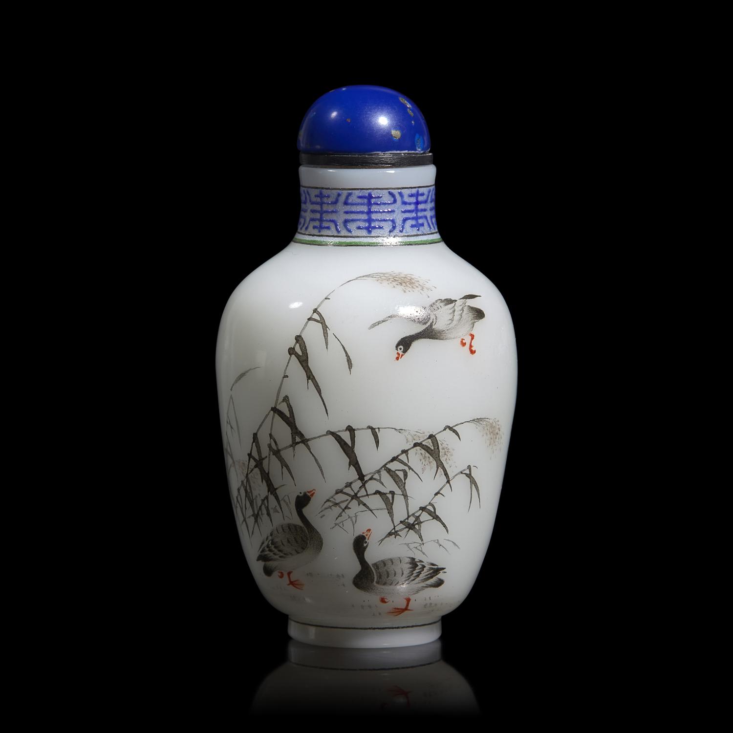 A Chinese Enameled Glass "Monk and Geese" Snuff Bottle, Signed Sun Sansong, dated early fall in yichou year
