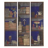 Attributed to Lee Taek-Gyun (Korean, 1808-after 1883), A Set of Three Books and Scholars’ Accoutrements (Chaekgeori) Paintings, Joseon Dynasty, 19th Century — 李宅均（款，朝鮮王朝，1808-1883以后）《冊架圖》三幅