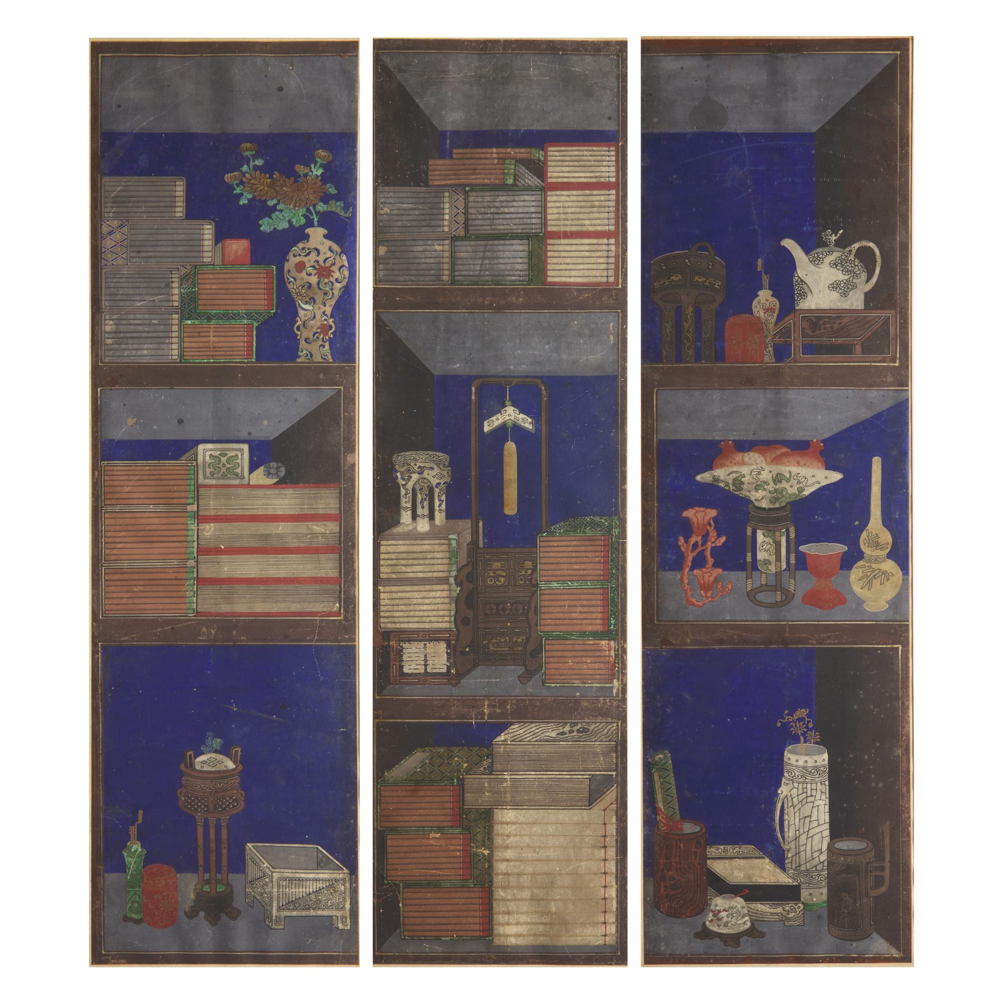 Attributed to Lee Taek-Gyun (Korean, 1808-after 1883), A Set of Three Books and Scholars’ Accoutrements (Chaekgeori) Paintings, Joseon Dynasty, 19th Century — 李宅均（款，朝鮮王朝，1808-1883以后）《冊架圖》三幅