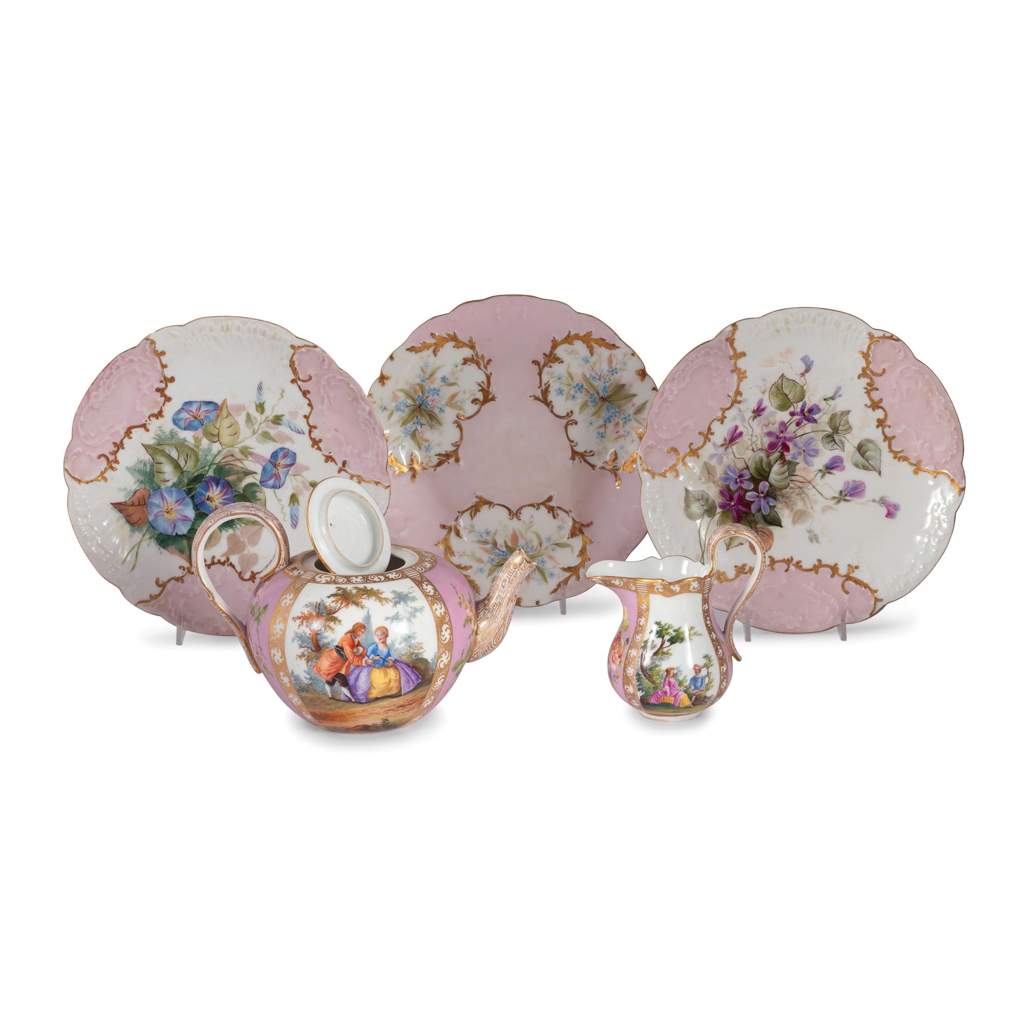 Continental Porcelain Luncheon Plates and Tea Service Including Meissen
