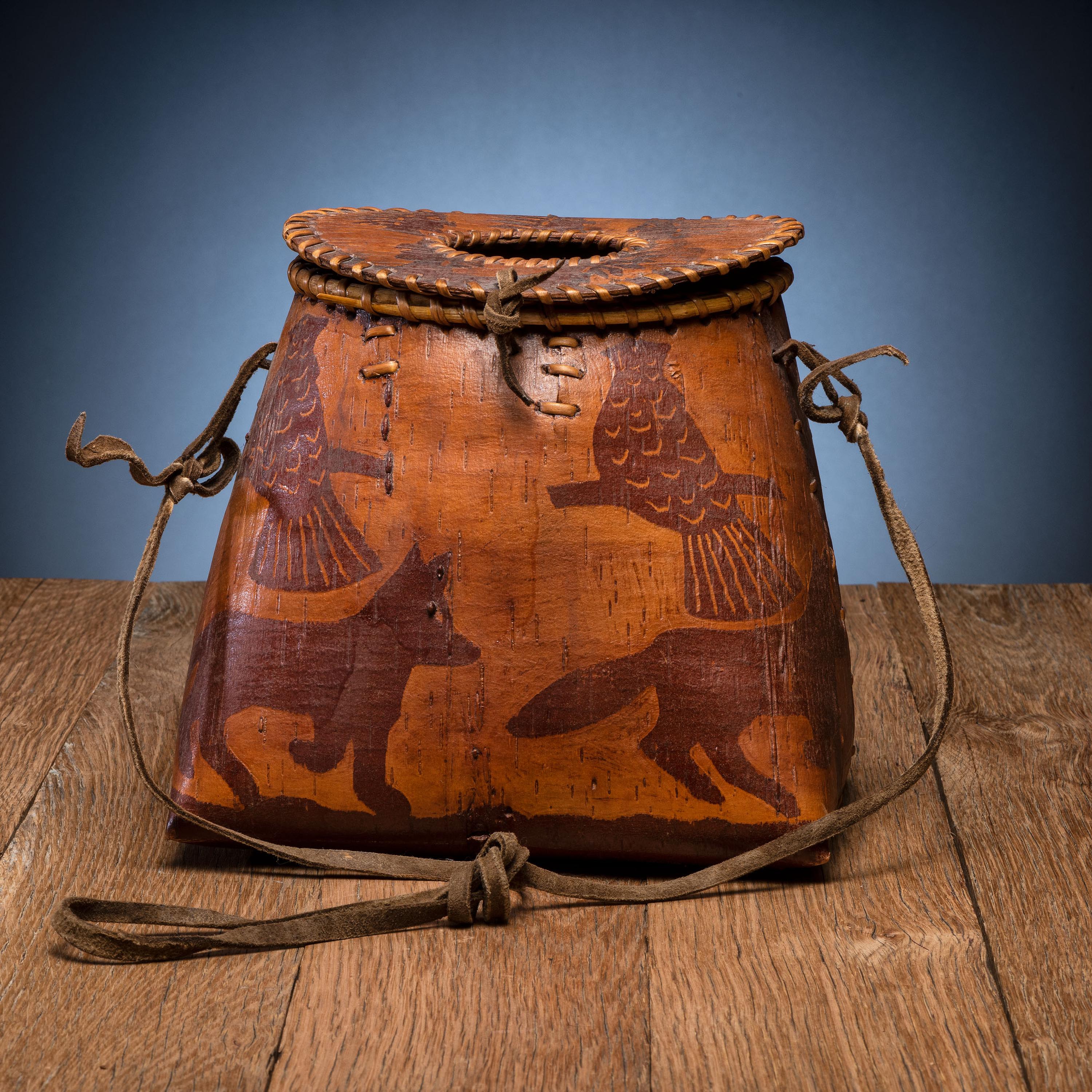 Northeastern Birchbark Creel, with Foxes and Birds