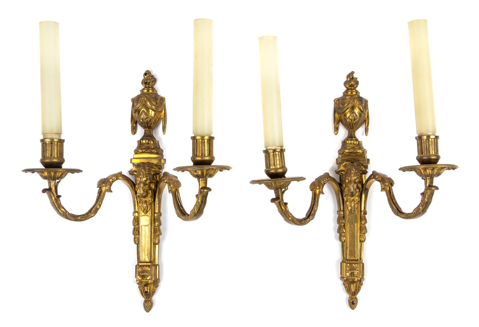 A Pair of Louis XVI Style Gilt Bronze Two-Light Sconces Height 14 inches. — 19TH CENTURY