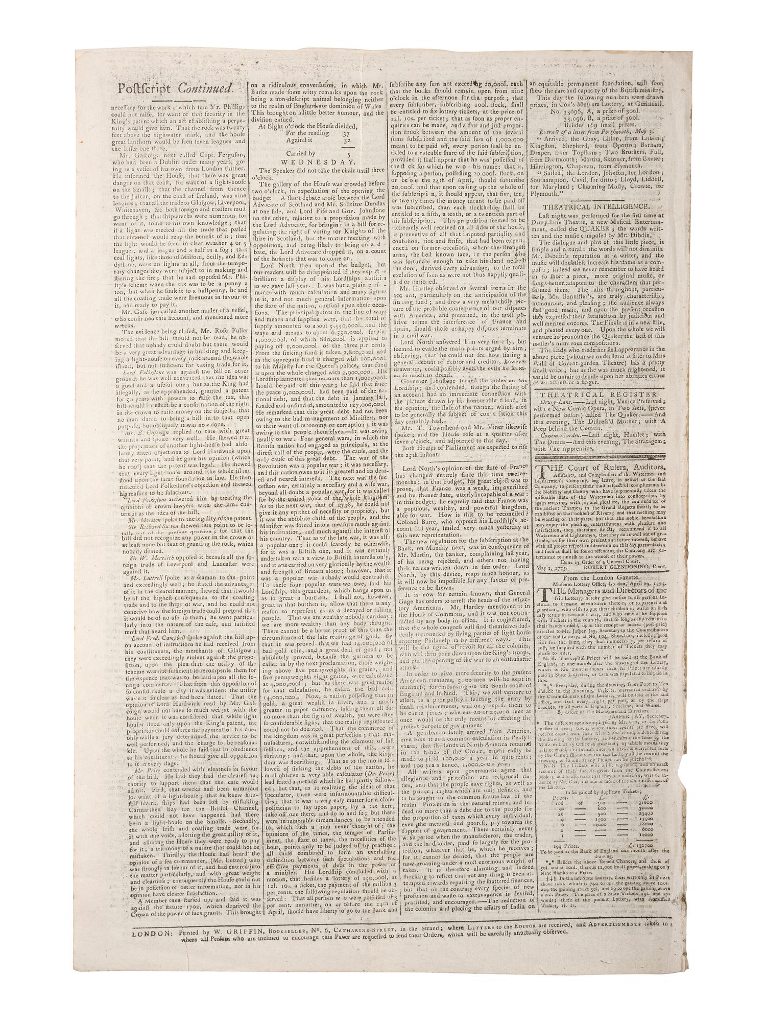 [REVOLUTIONARY WAR]. Middlesex Journal. No. 952. London, England: W. Griffin, 4 May 1775.