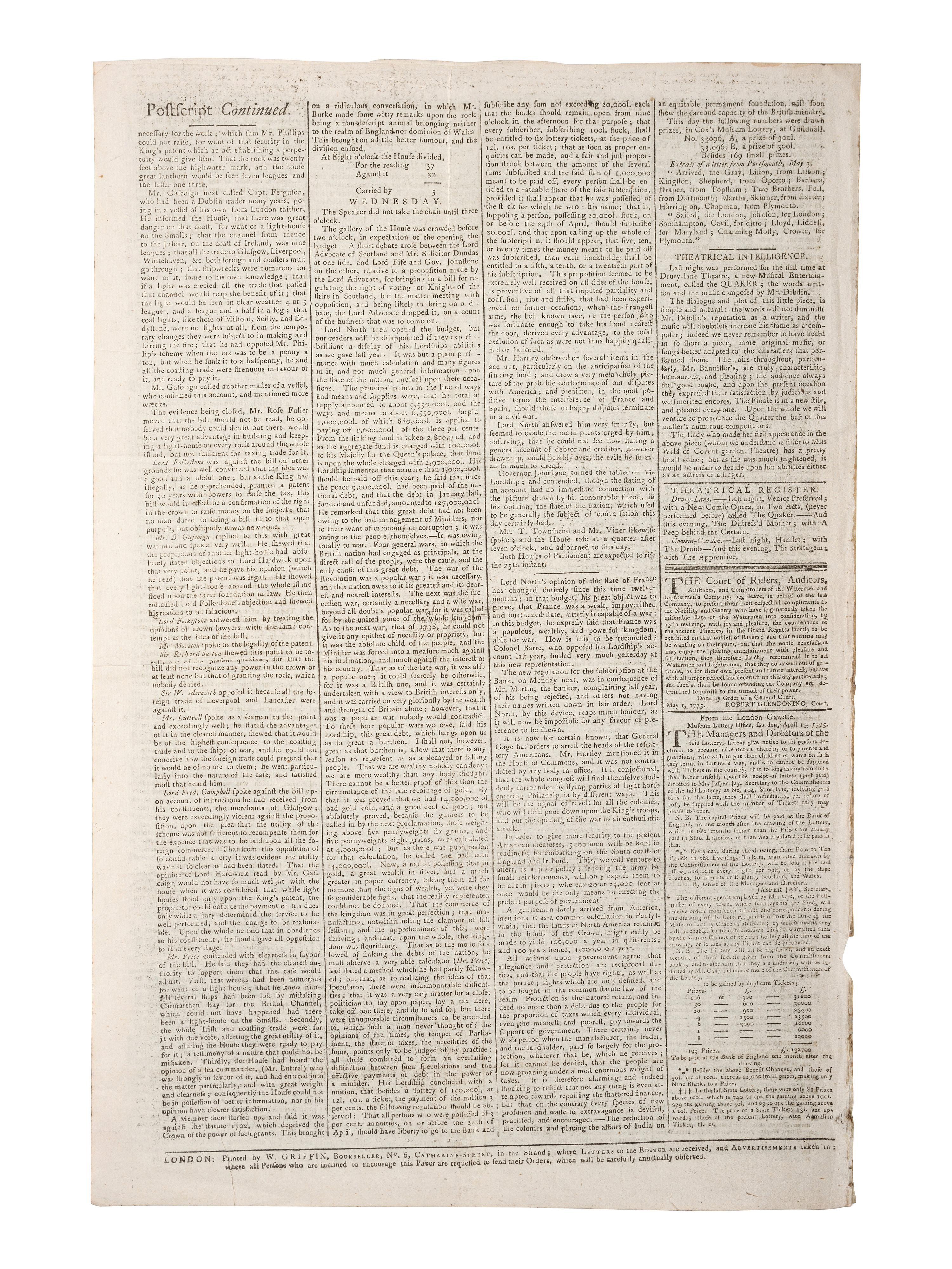 [REVOLUTIONARY WAR]. Middlesex Journal. No. 952. London, England: W. Griffin, 4 May 1775.