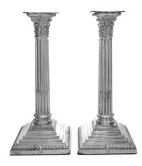 A Pair of English Silver-Plate Candlesticks, Ellis-Barker Co., Birmingham, 20th Century, each in the form of a fluted Corinthian column