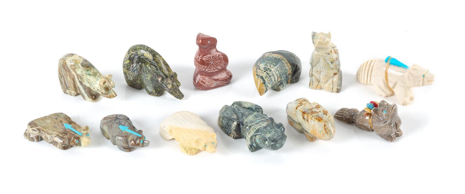Twelve Southwestern Carved Stone Fetishes Length of one 2 5/8 inches