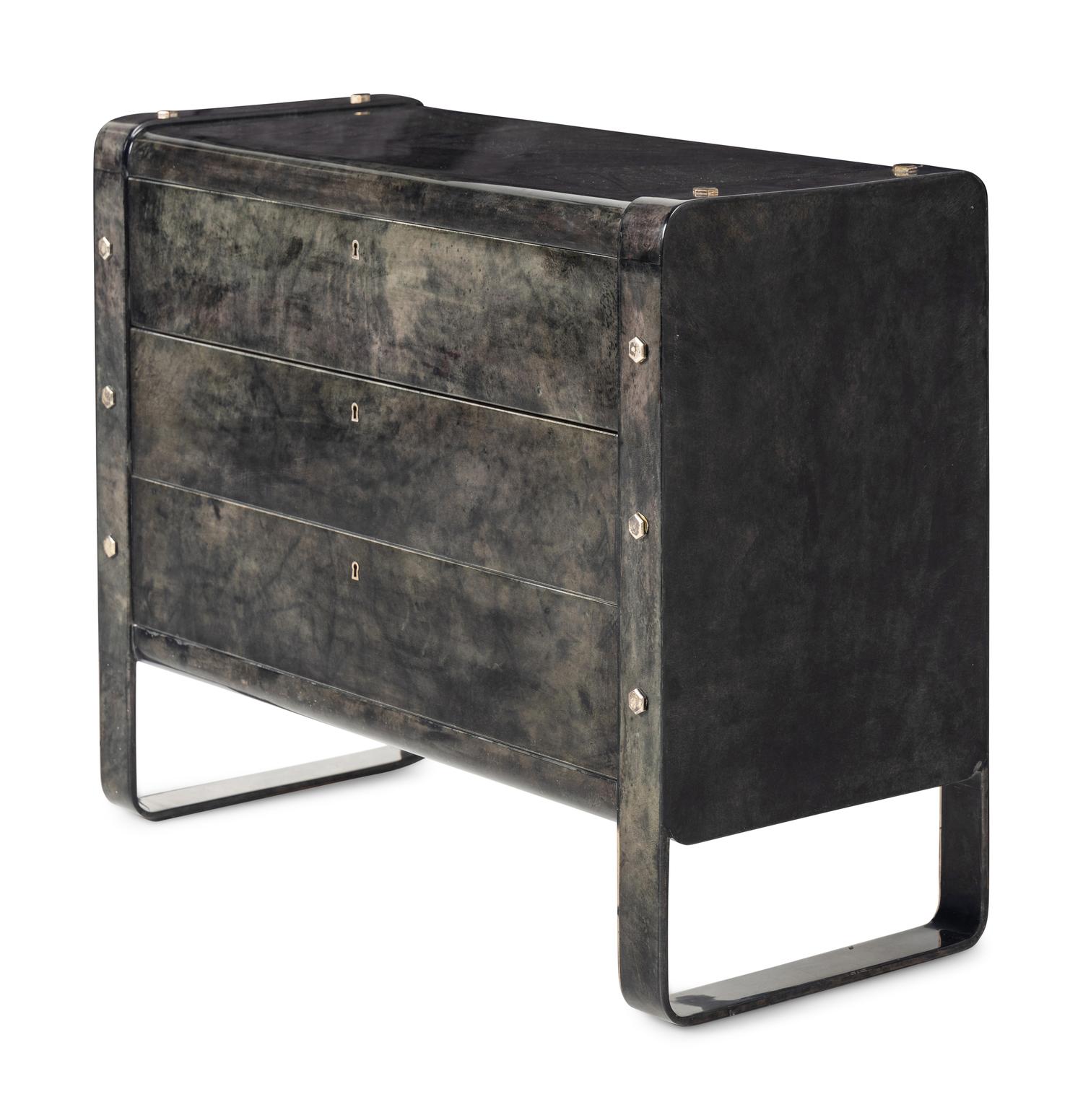 A Contemporary Lacquered Goatskin Veneered Chest of Drawers