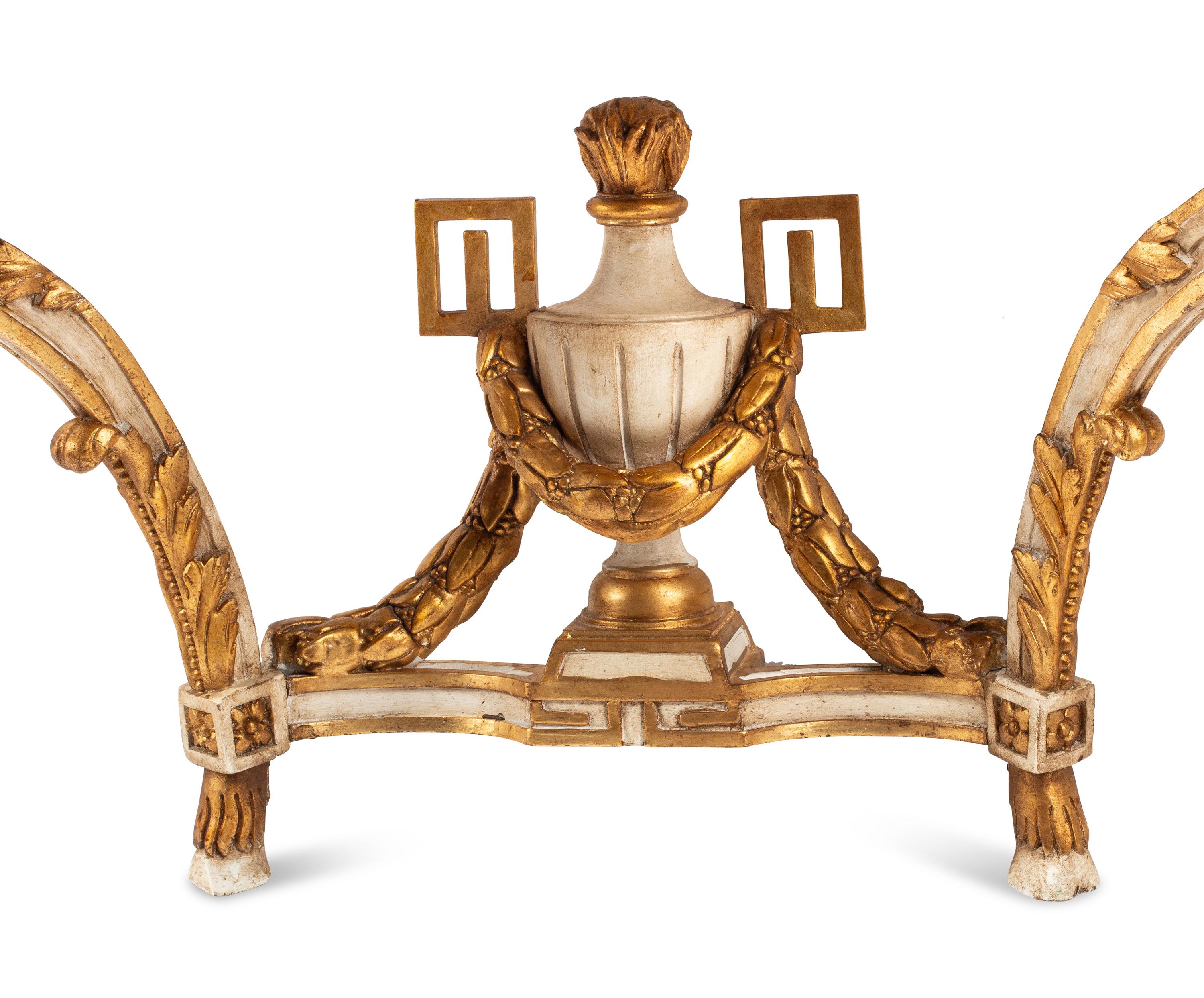 A Pair of Italian Neoclassical Style White Painted and Parcel Gilt Marble-Top Console Tables