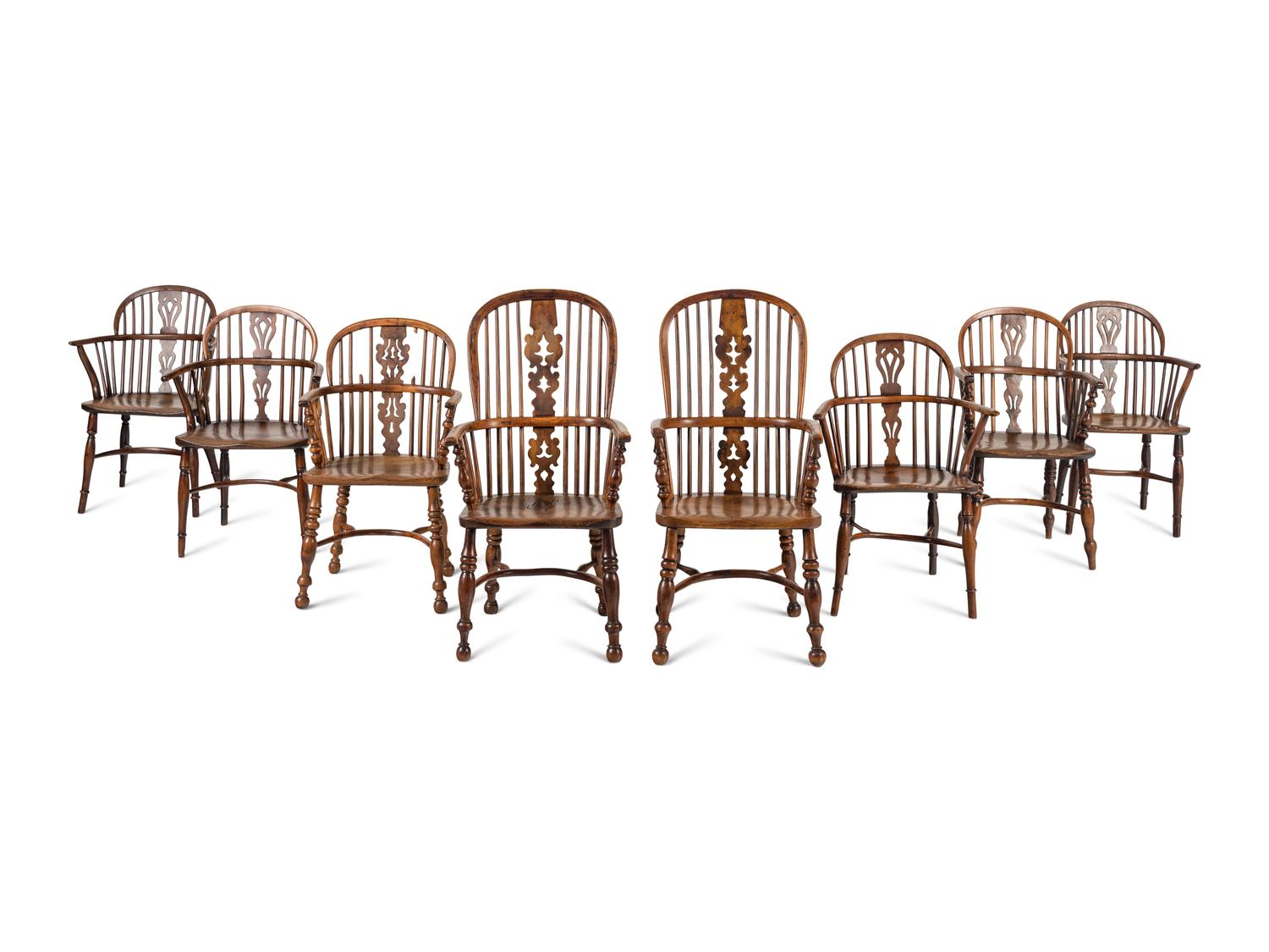 An Assembled Set of Nine Yew, Elm and Beechwood Windsor Armchairs