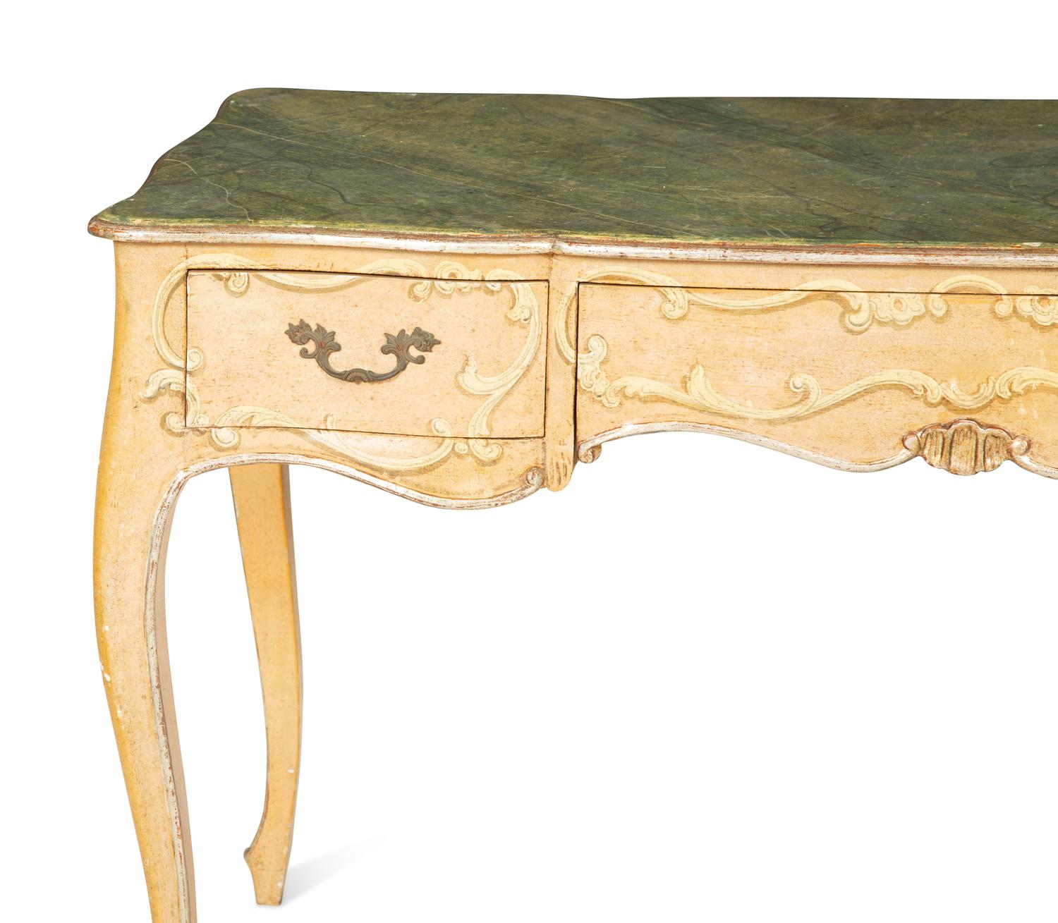 An Italian Painted and Parcel Gilt Writing Table with Faux Marble Top