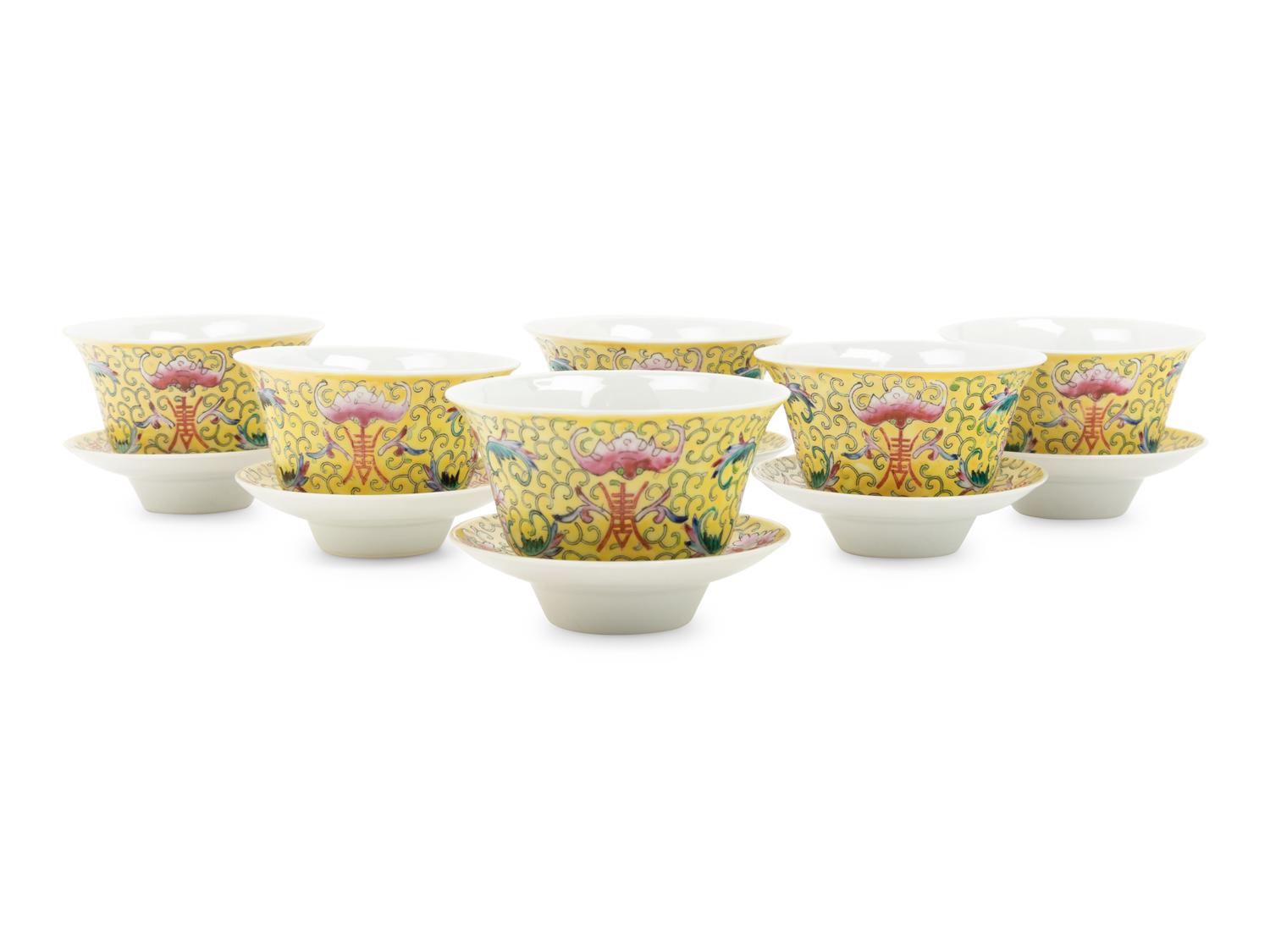 A Set of Six Chinese Porcelain Tea Bowls and Saucers