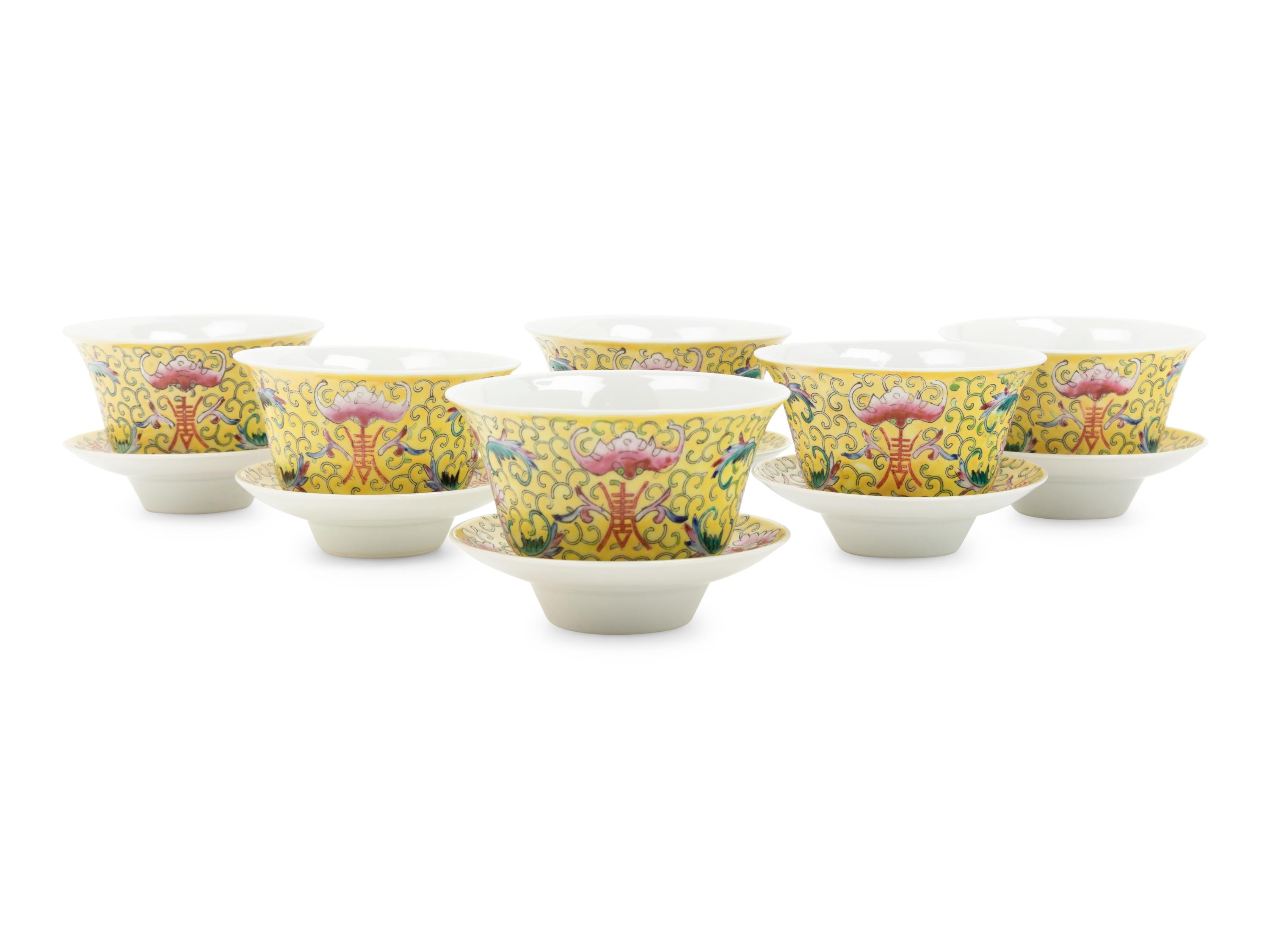 A Set of Six Chinese Porcelain Tea Bowls and Saucers