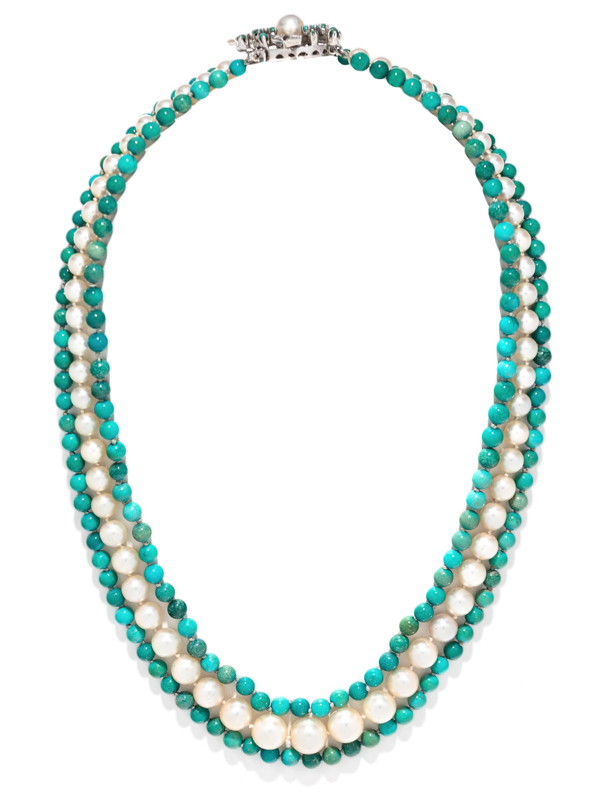 PEARL, TURQUOISE AND DIAMOND NECKLACE
